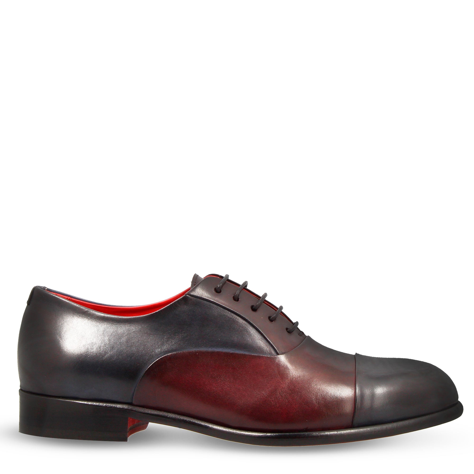 Oxford marrone scuro e blu elegante da uomo in pelle e fodera rossa - LeonardoShoes