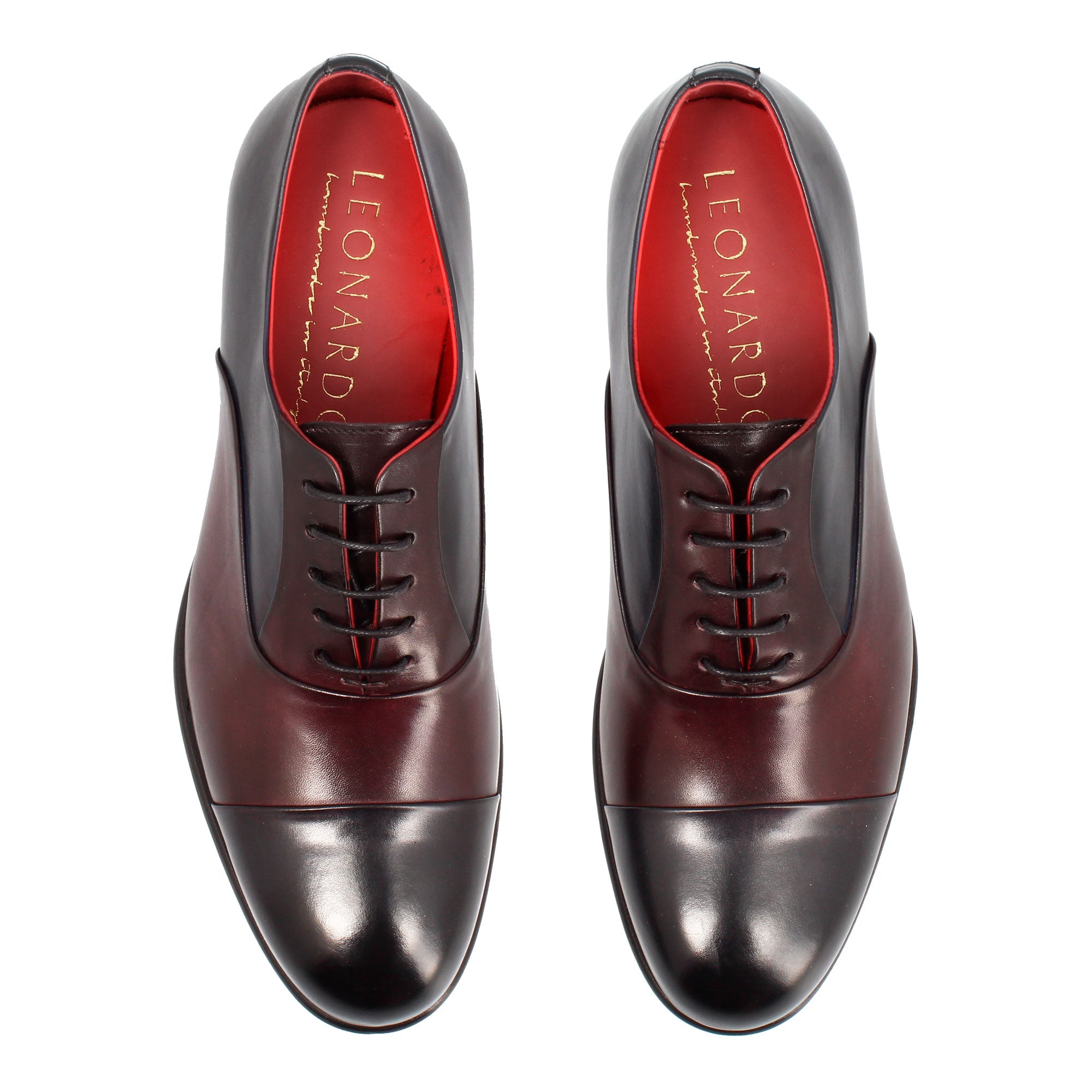 Oxford marrone scuro e blu elegante da uomo in pelle e fodera rossa - LeonardoShoes