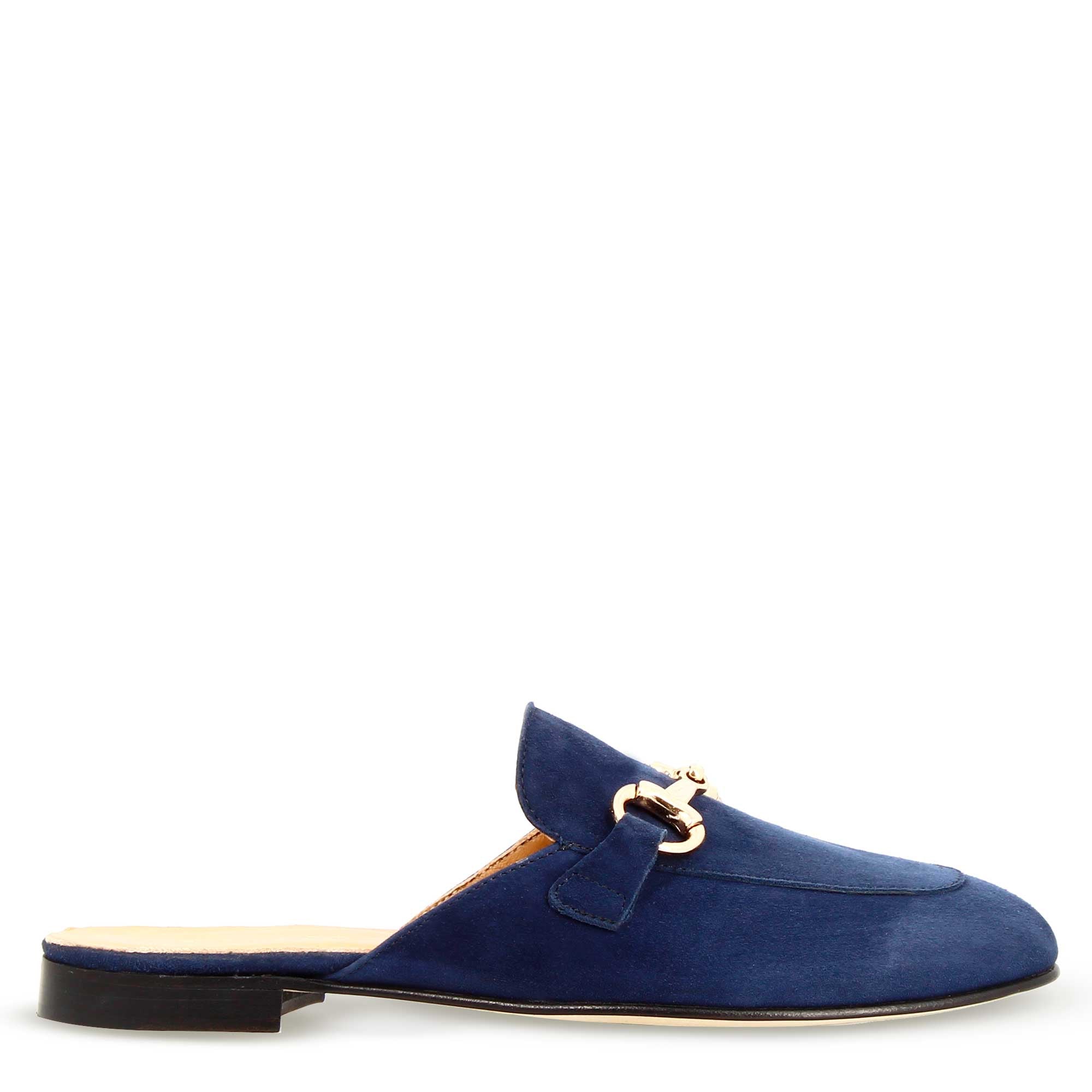 Sabot da donna in pelle scamosciata blu con fibbia oro