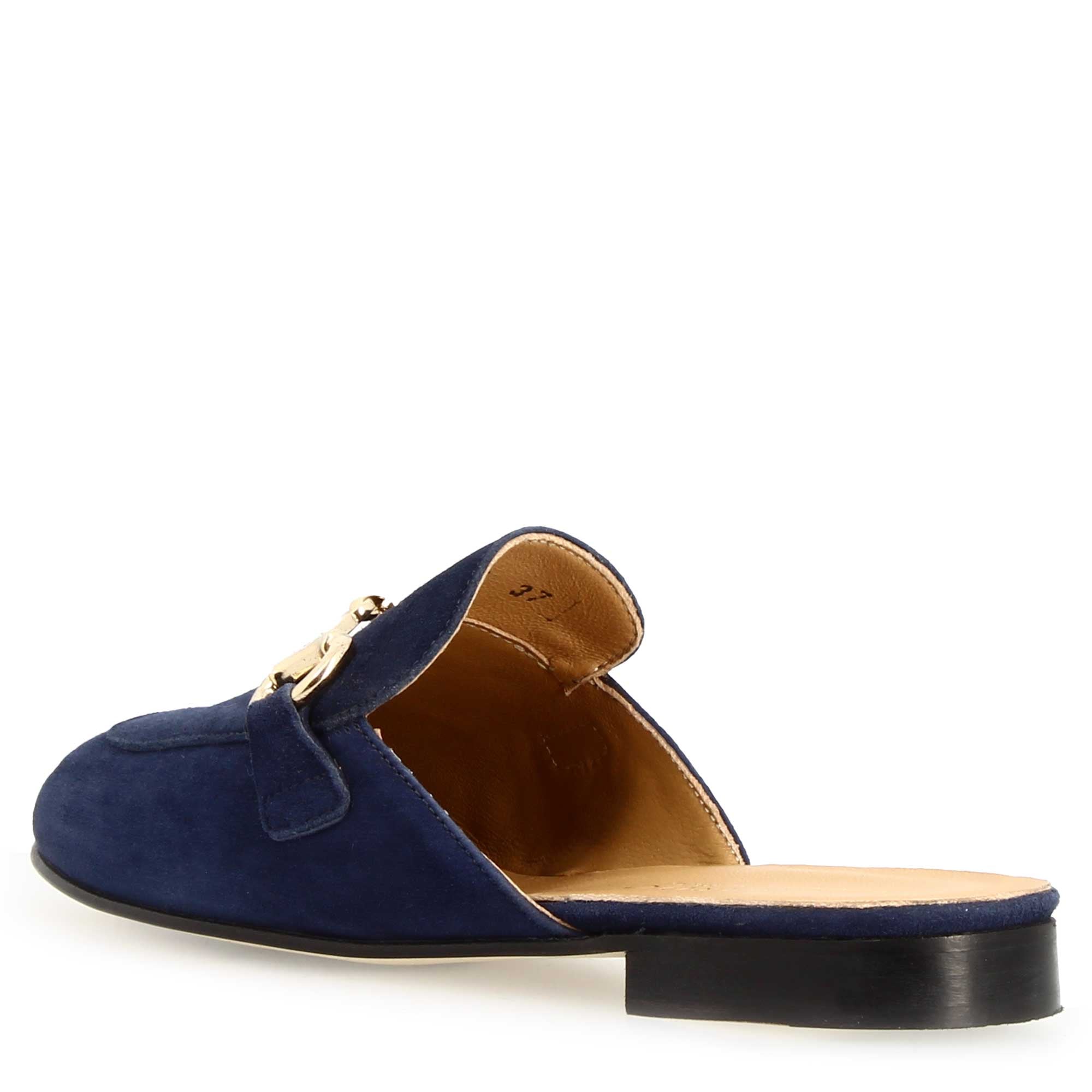 Sabot da donna in pelle scamosciata blu con fibbia oro