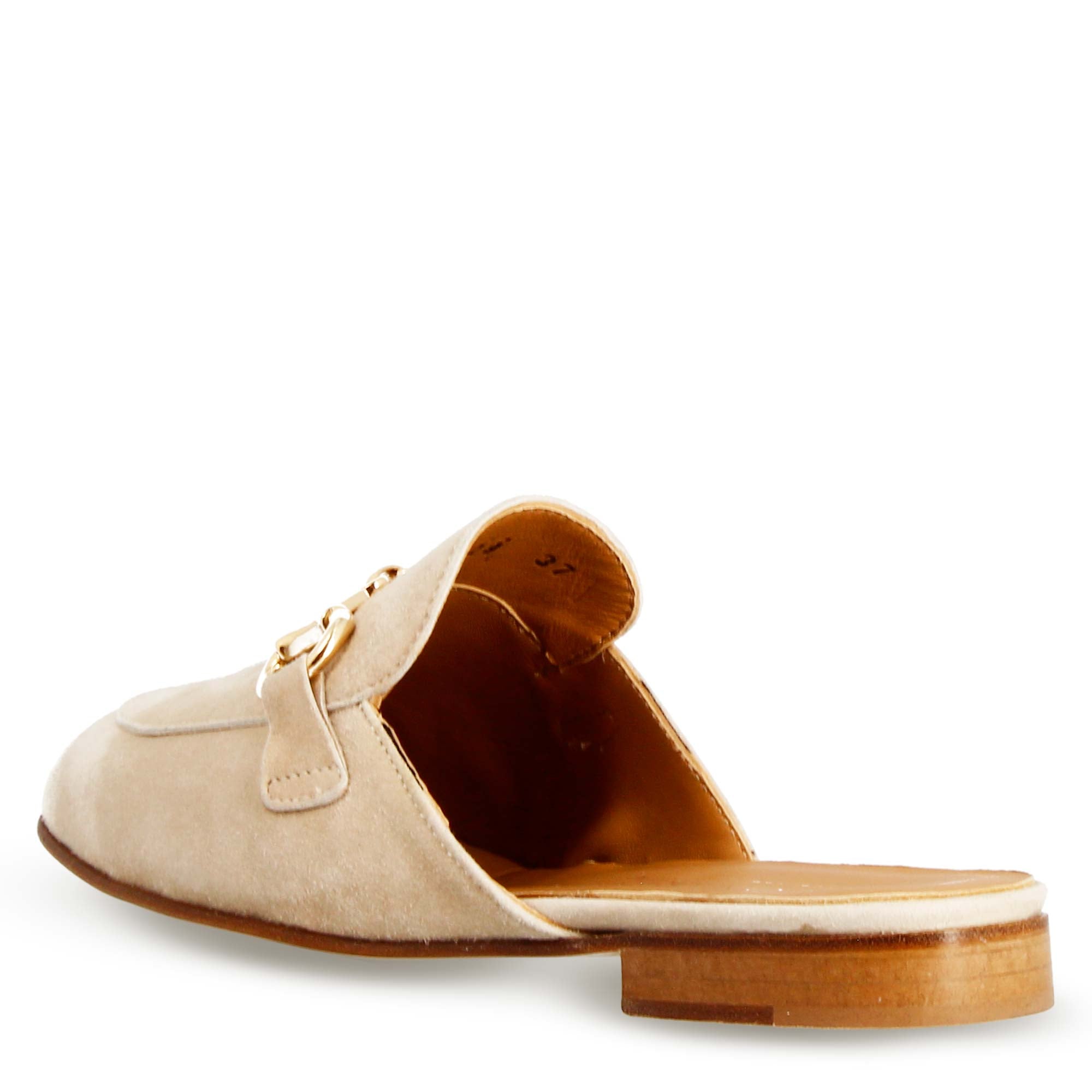Woman's mules in beige suede with gold buckle