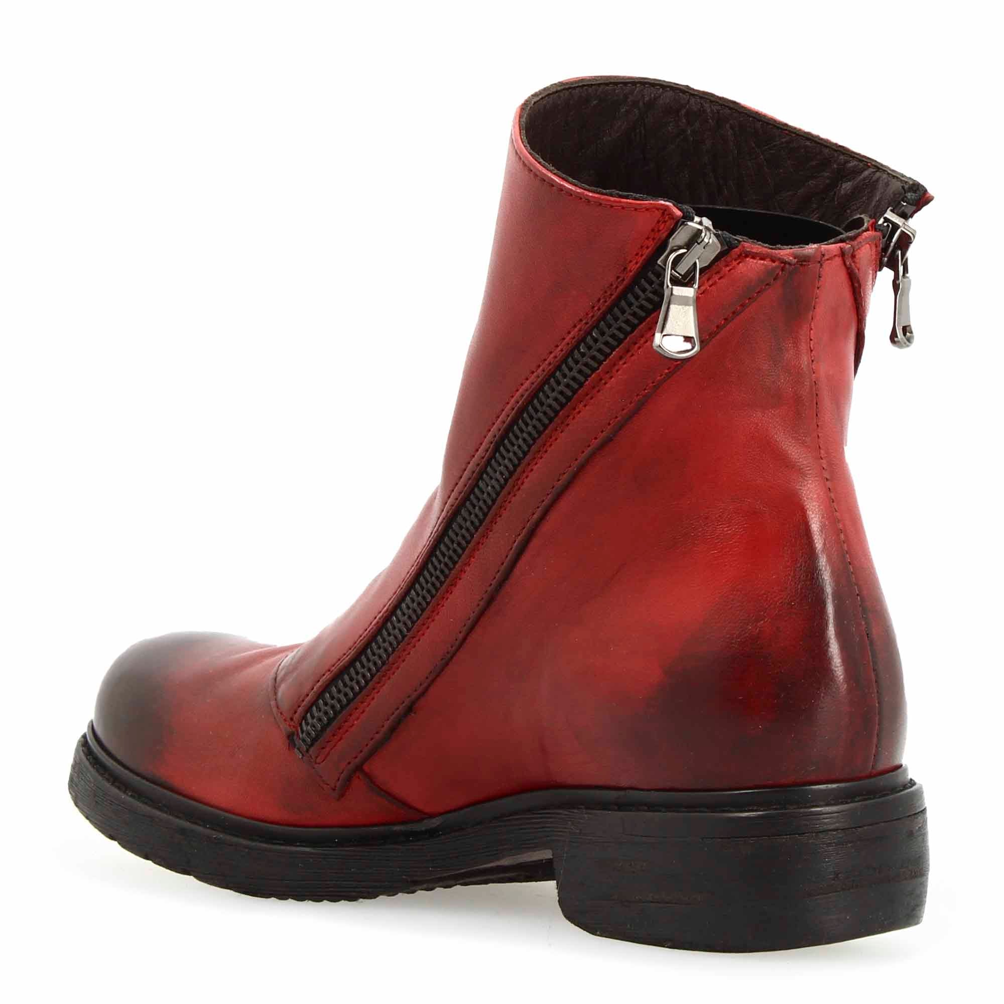 Women's red washed leather ankle boot with double zip