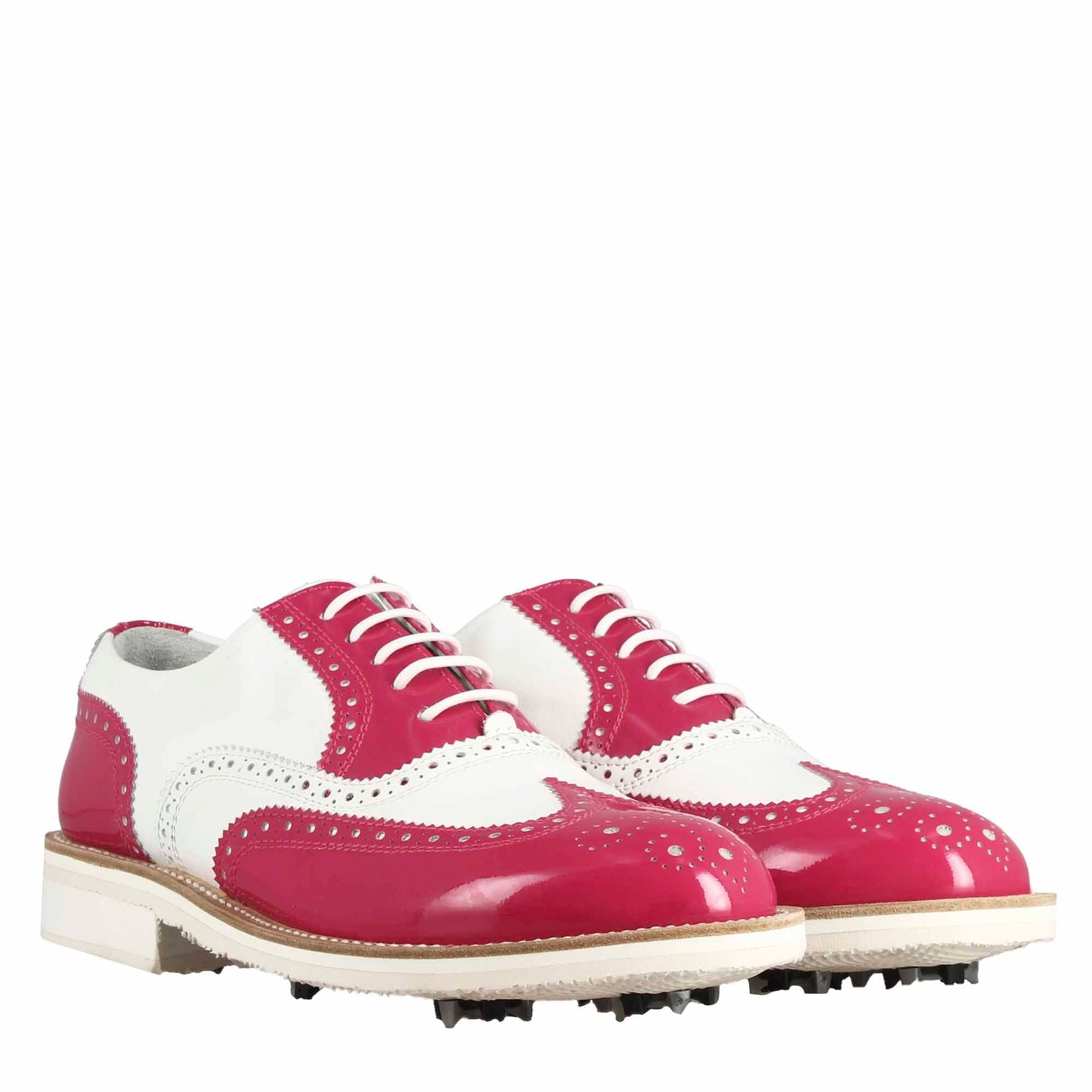 Handmade golf shoes in white shiny pink leather