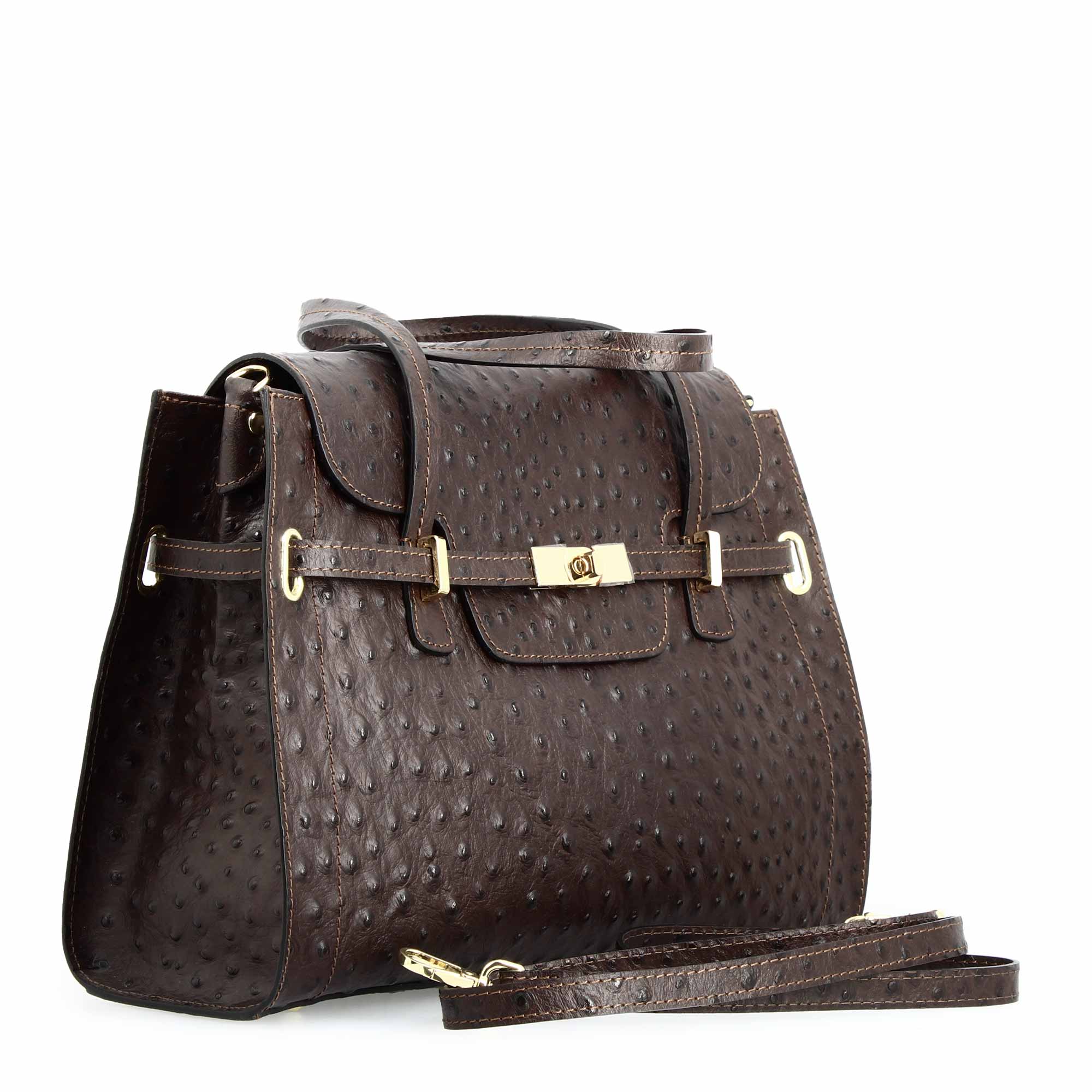 Large handmade women's handbag in dark brown printed leather