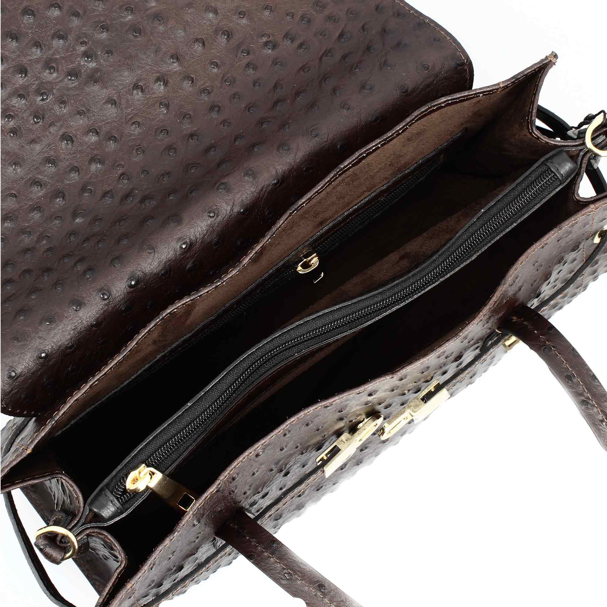 Large handmade women's handbag in dark brown printed leather