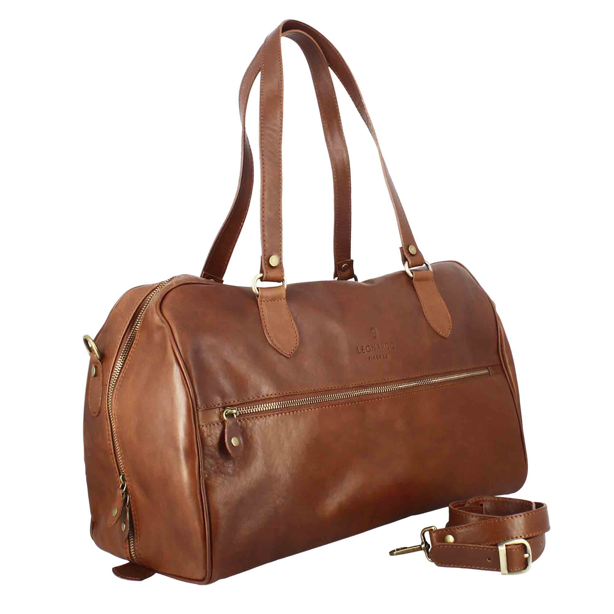 Brown leather travel bags with handles and removable shoulder strap