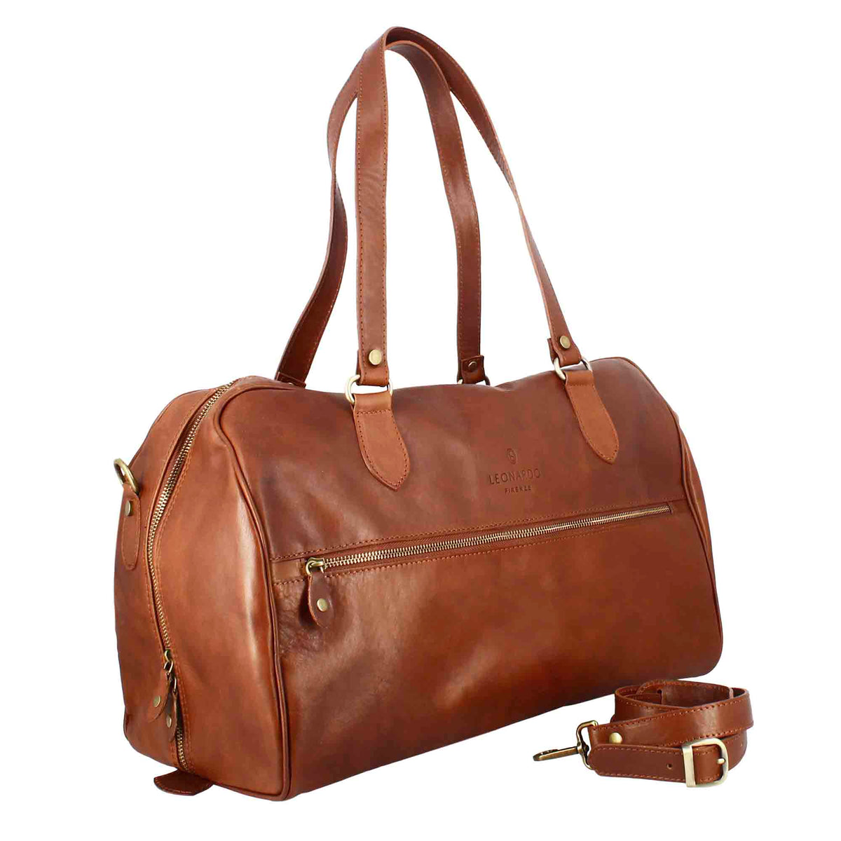 Brown leather travel bags with handles and removable shoulder strap