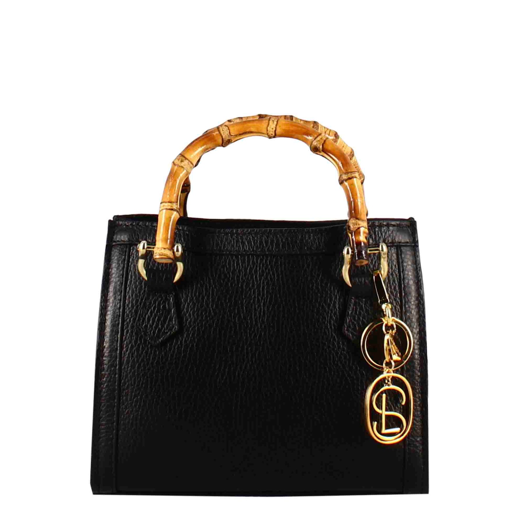 Black leather mini Bamboo handbag for women with wooden handles and shoulder strap