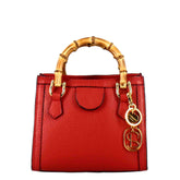Red leather mini Bamboo handbag for women with wooden handles and shoulder strap