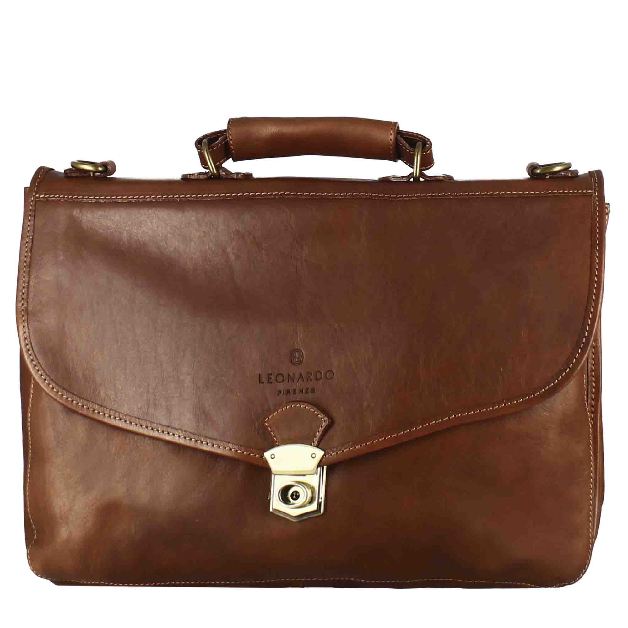 Brown full-grain leather professional briefcase with flap closure
