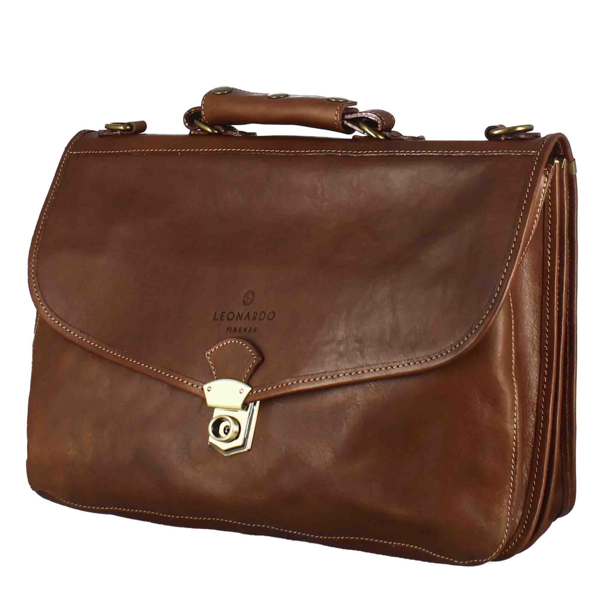 Brown full-grain leather professional briefcase with flap closure