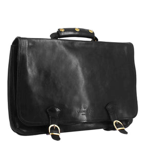 Professional briefcase in full-grain leather flap closure with double buckle black colour