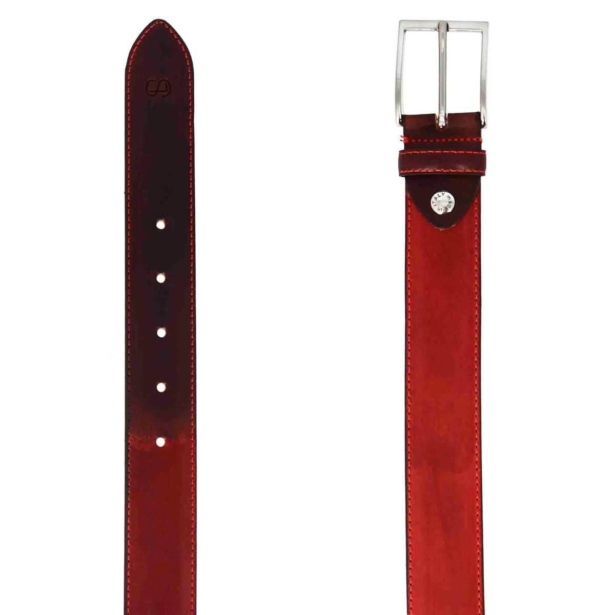 Elegant men's belt in hand-dyed dark brown and red full-grain leather