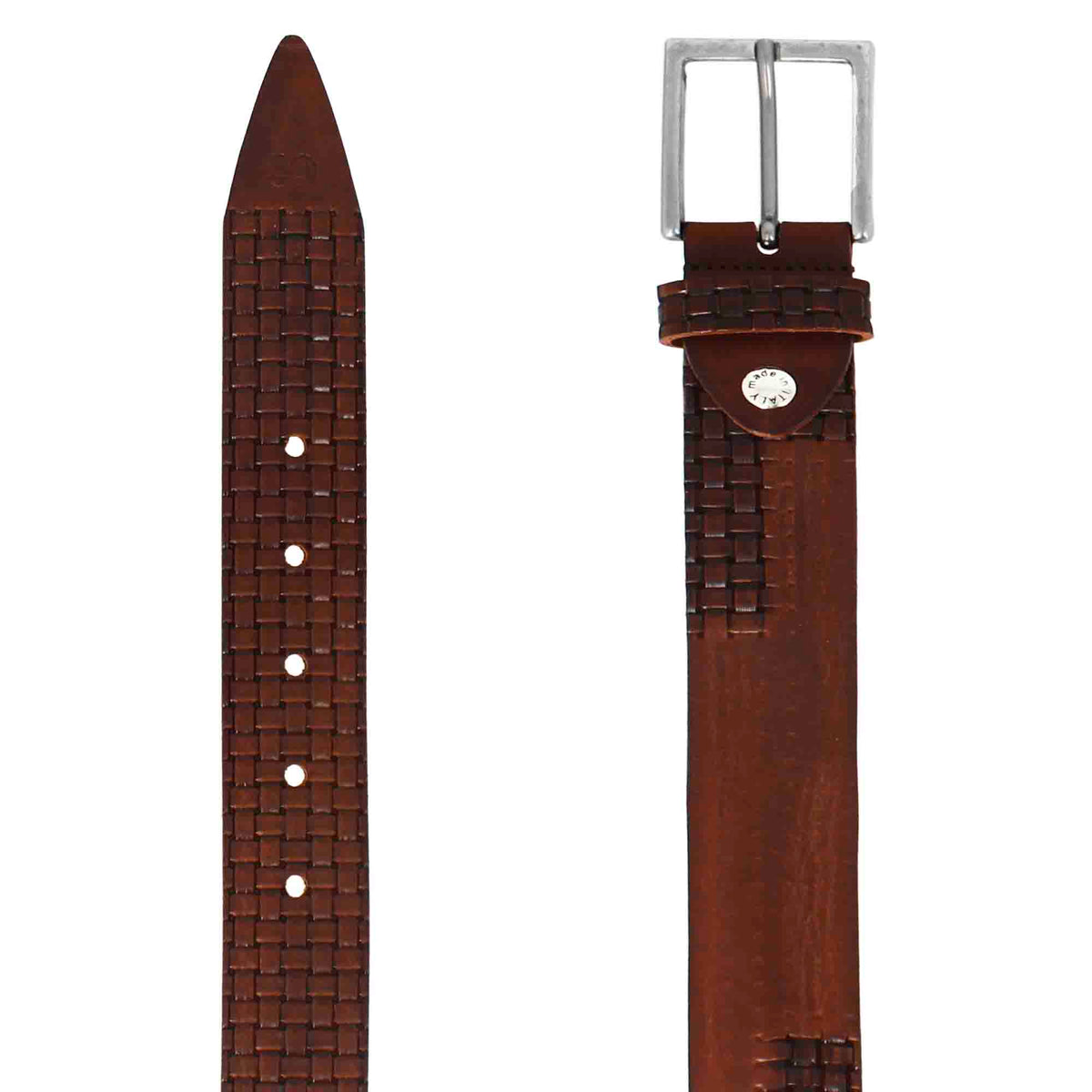 Elegant men's belt in partially woven full-grain leather in dark brown