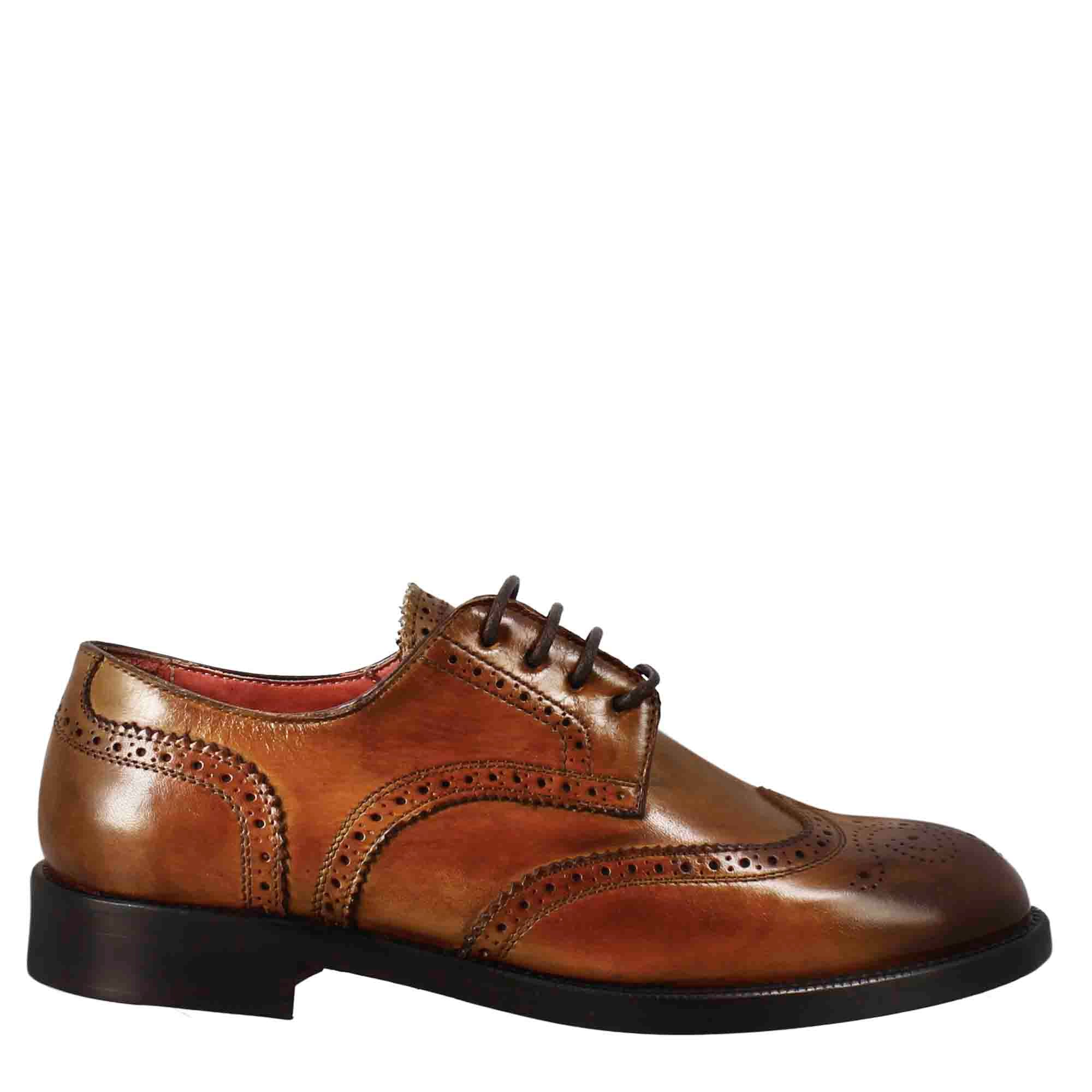 Derby femme effet richelieu en cuir marron clair