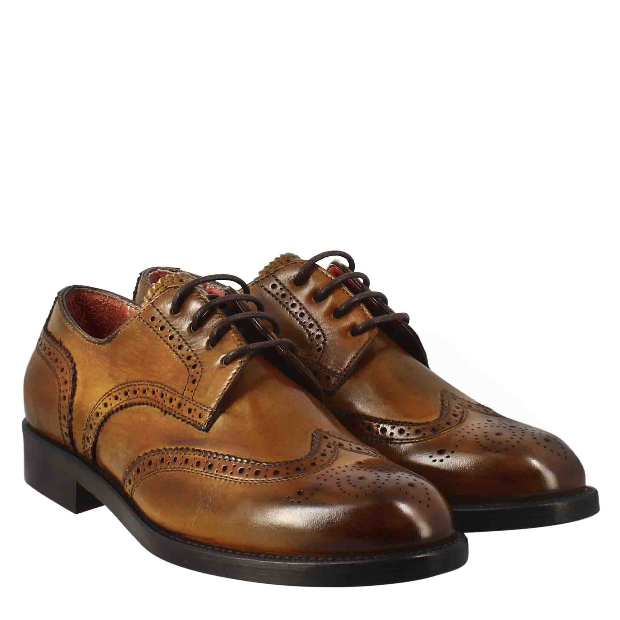 Derby femme effet richelieu en cuir marron clair