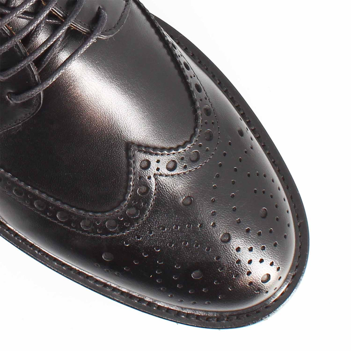 Close-up of the wingtip toe and perforated medallion on the Massimo black derby