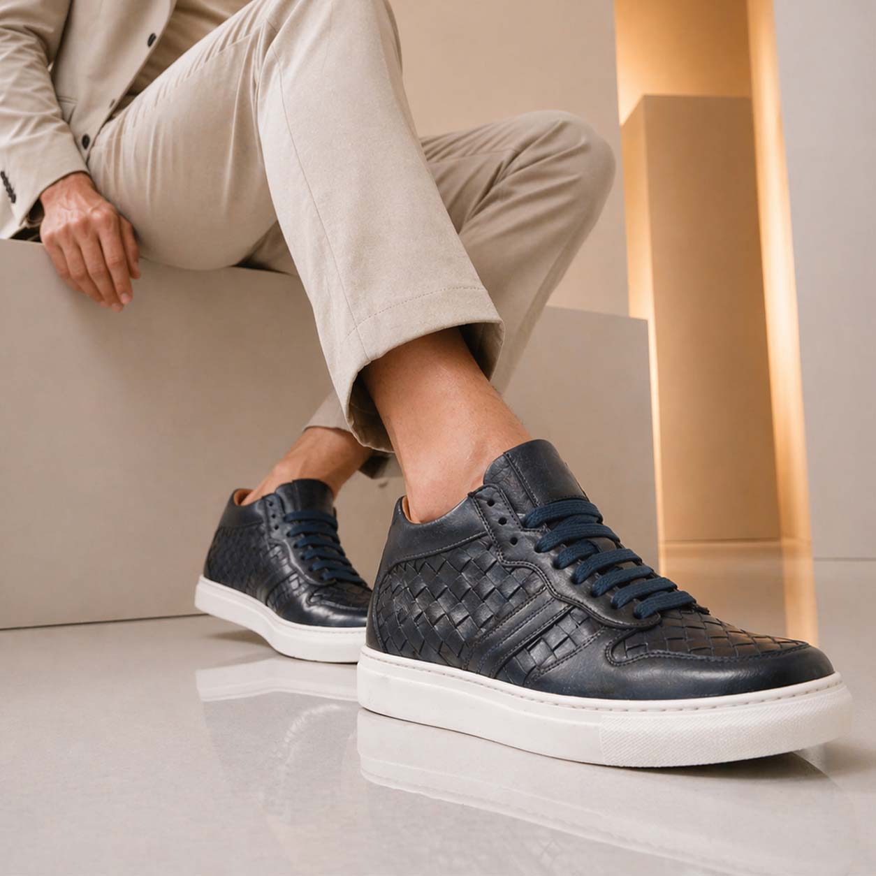 Men's Domizio blue woven leather high-top sneakers