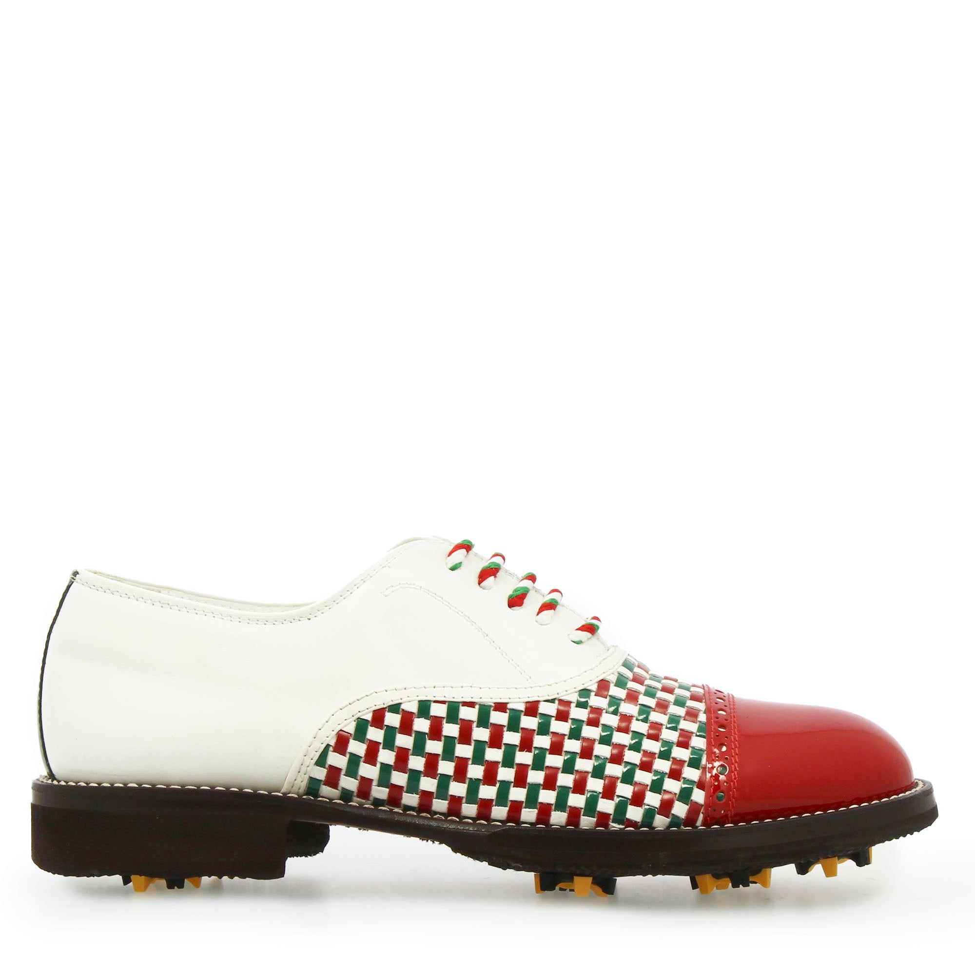 Handcrafted golf shoes in white green and red woven leather