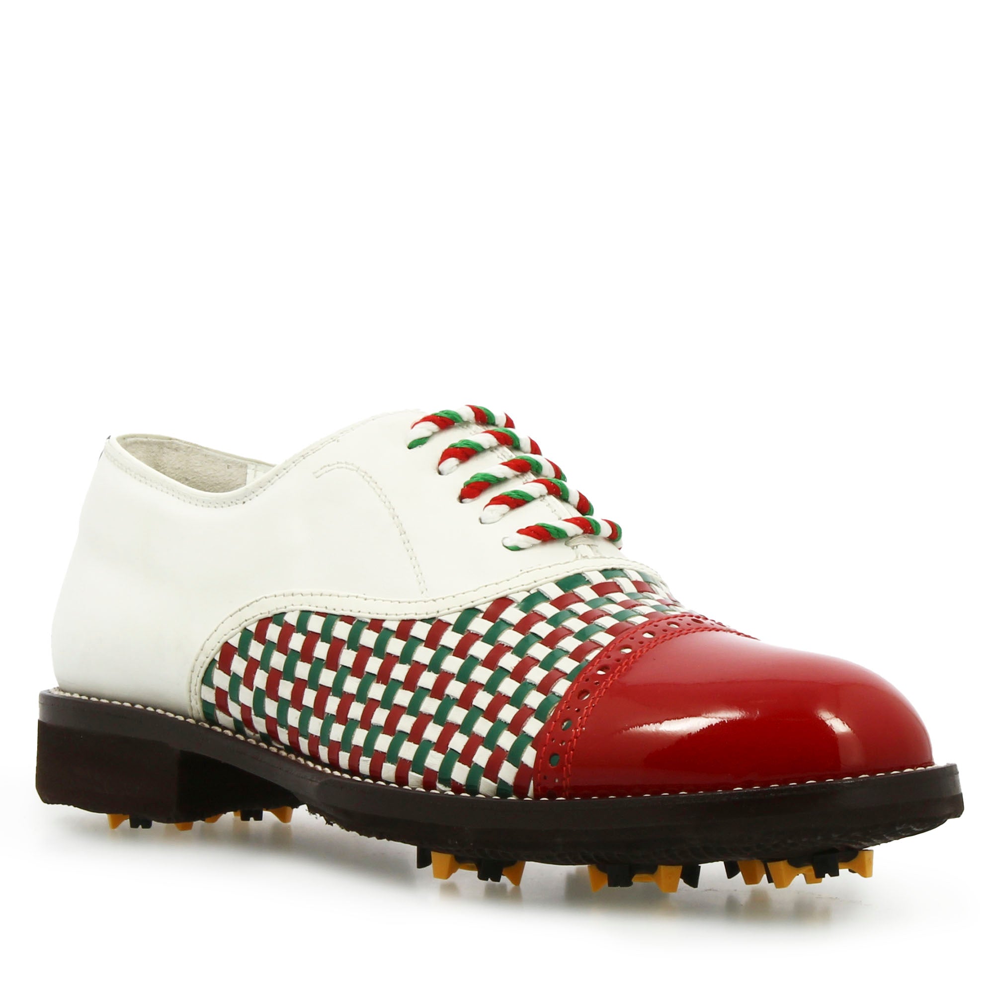 Handcrafted golf shoes in white green and red woven leather