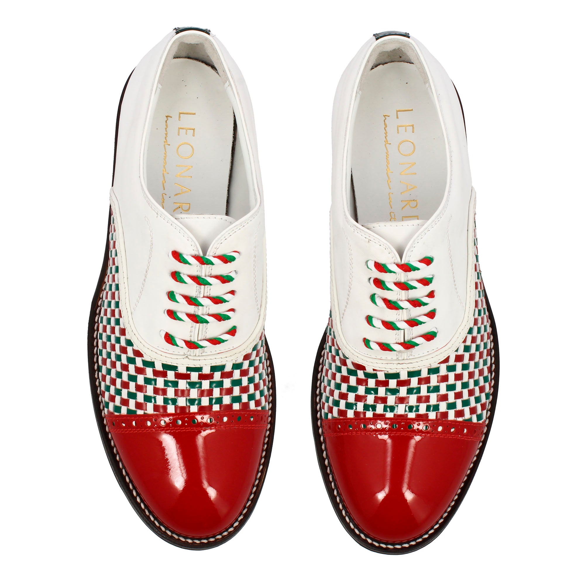 Handcrafted golf shoes in white green and red woven leather