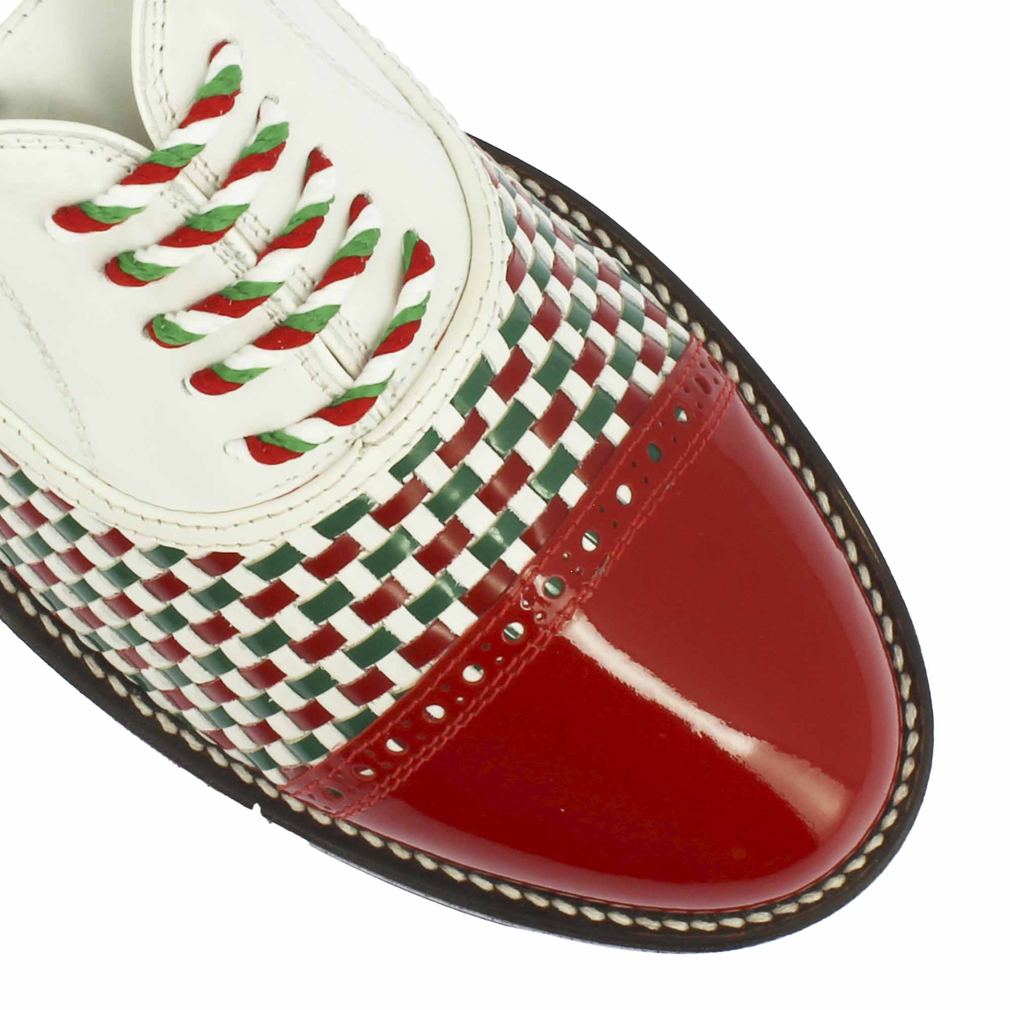 Handcrafted golf shoes in white green and red woven leather