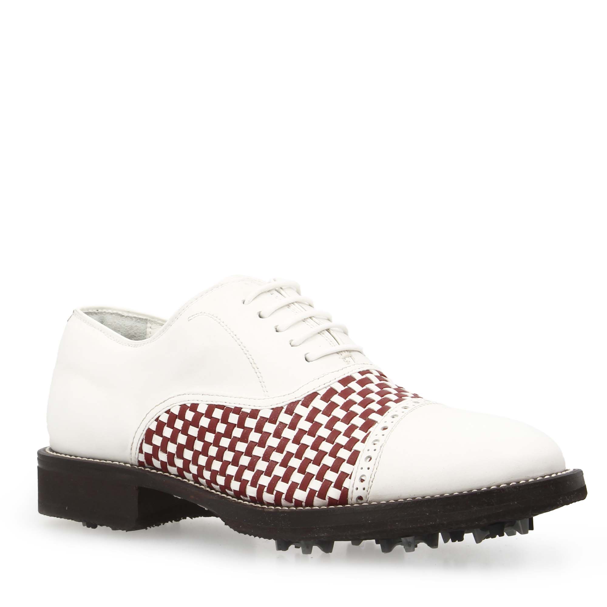 Scarpe classiche da golf artigianali in pelle bianca e rossa intrecciata - LeonardoShoes