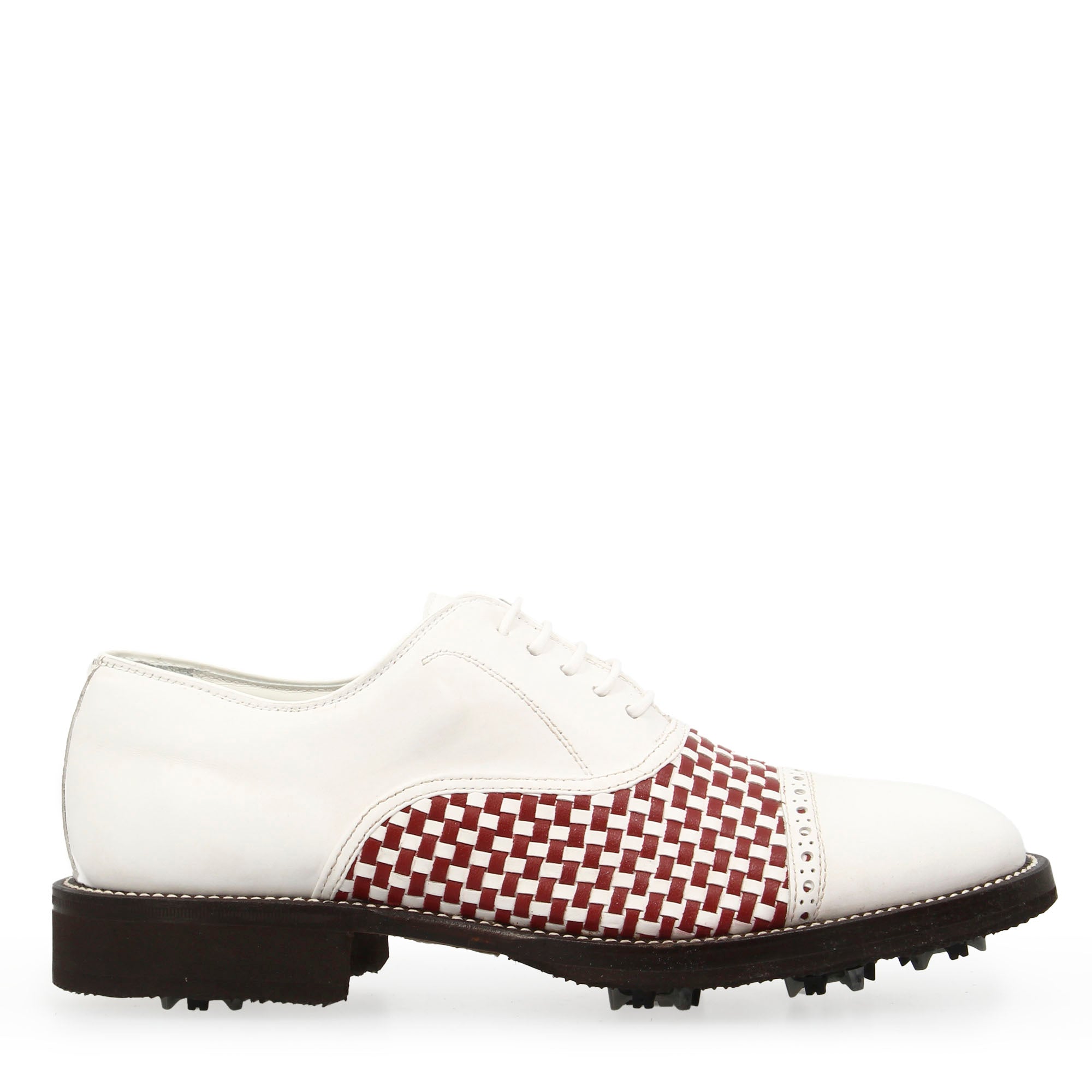 Scarpe classiche da golf artigianali in pelle bianca e rossa intrecciata - LeonardoShoes