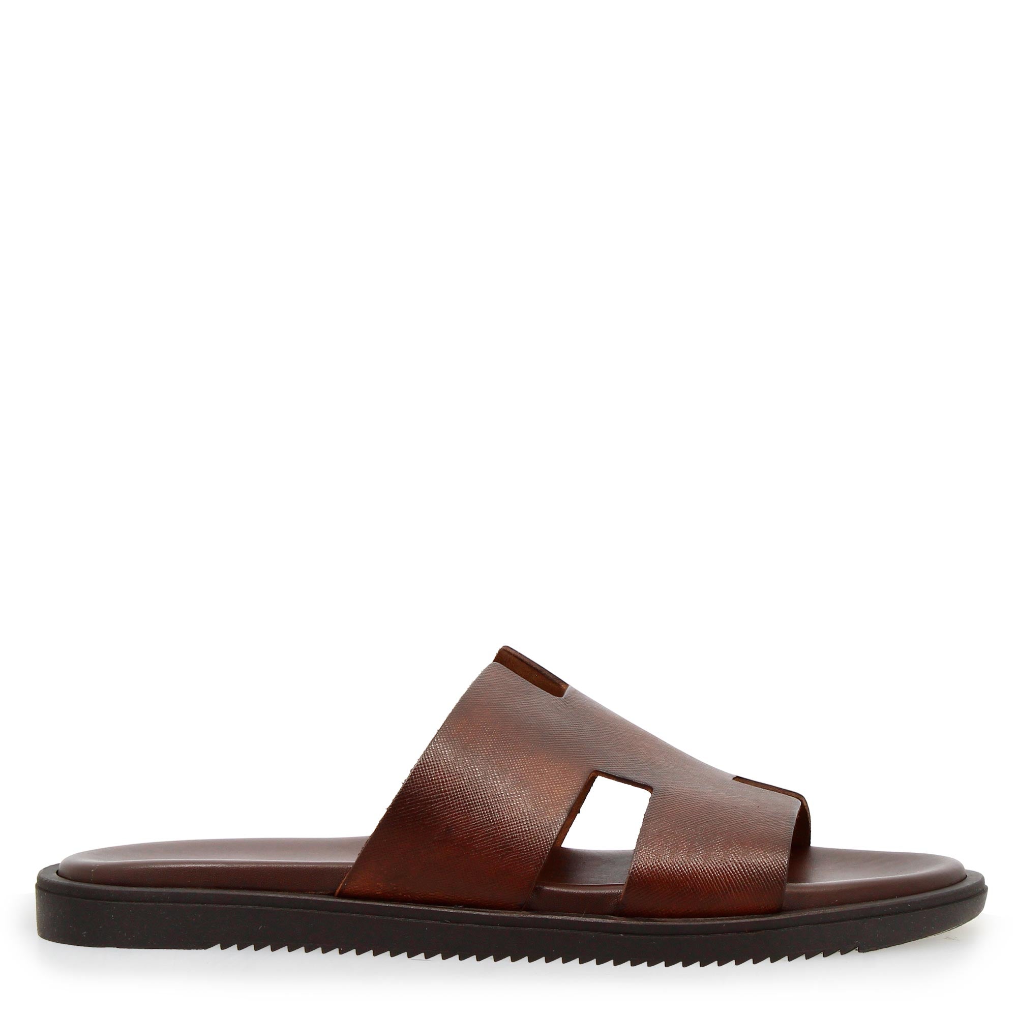 Men's H-shaped sandals in brown printed leather handmade