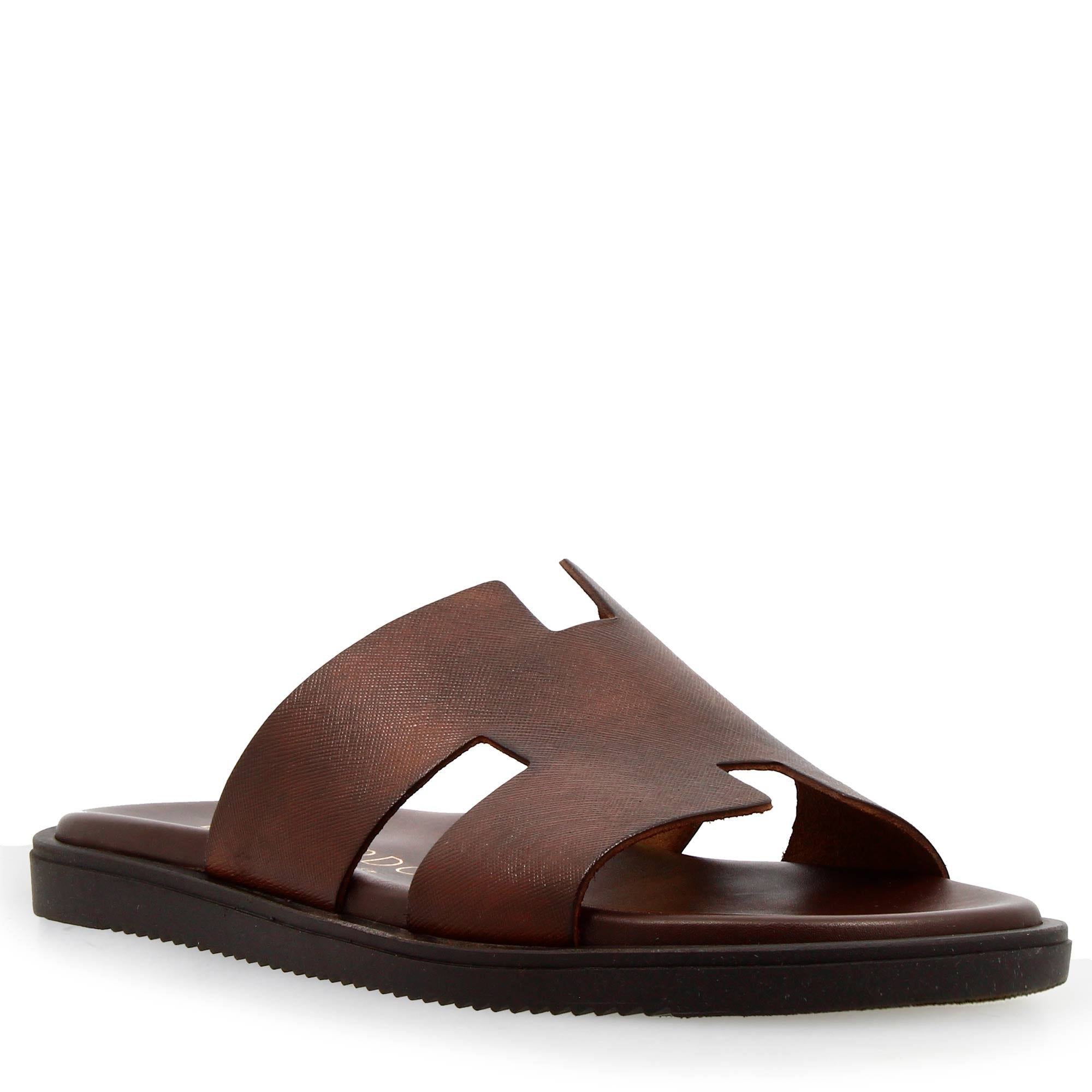 Men's H-shaped sandals in brown printed leather handmade