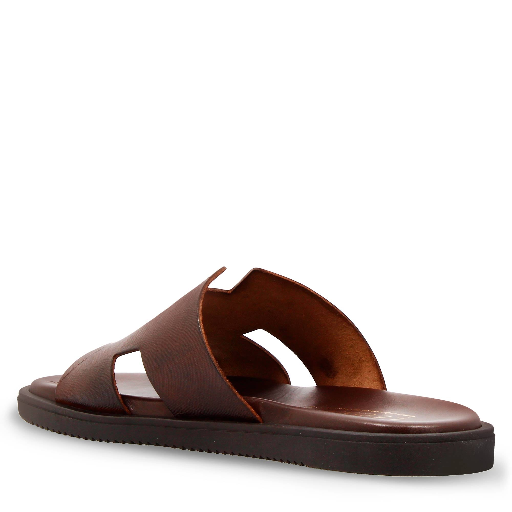 Men's H-shaped sandals in brown printed leather handmade