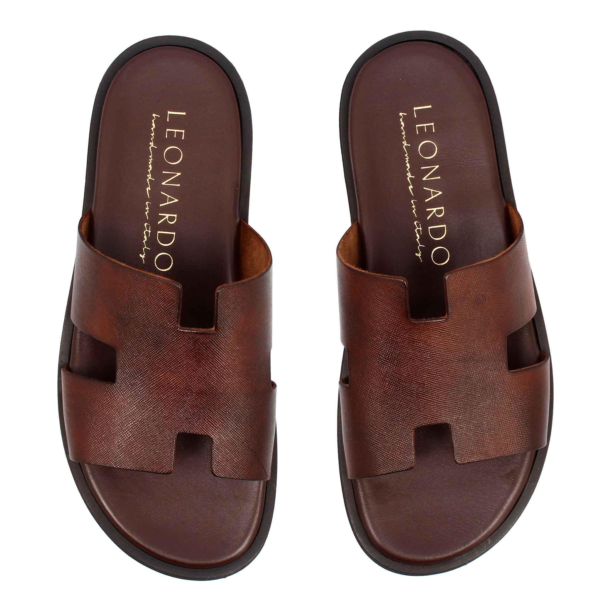 Men's H-shaped sandals in brown printed leather handmade