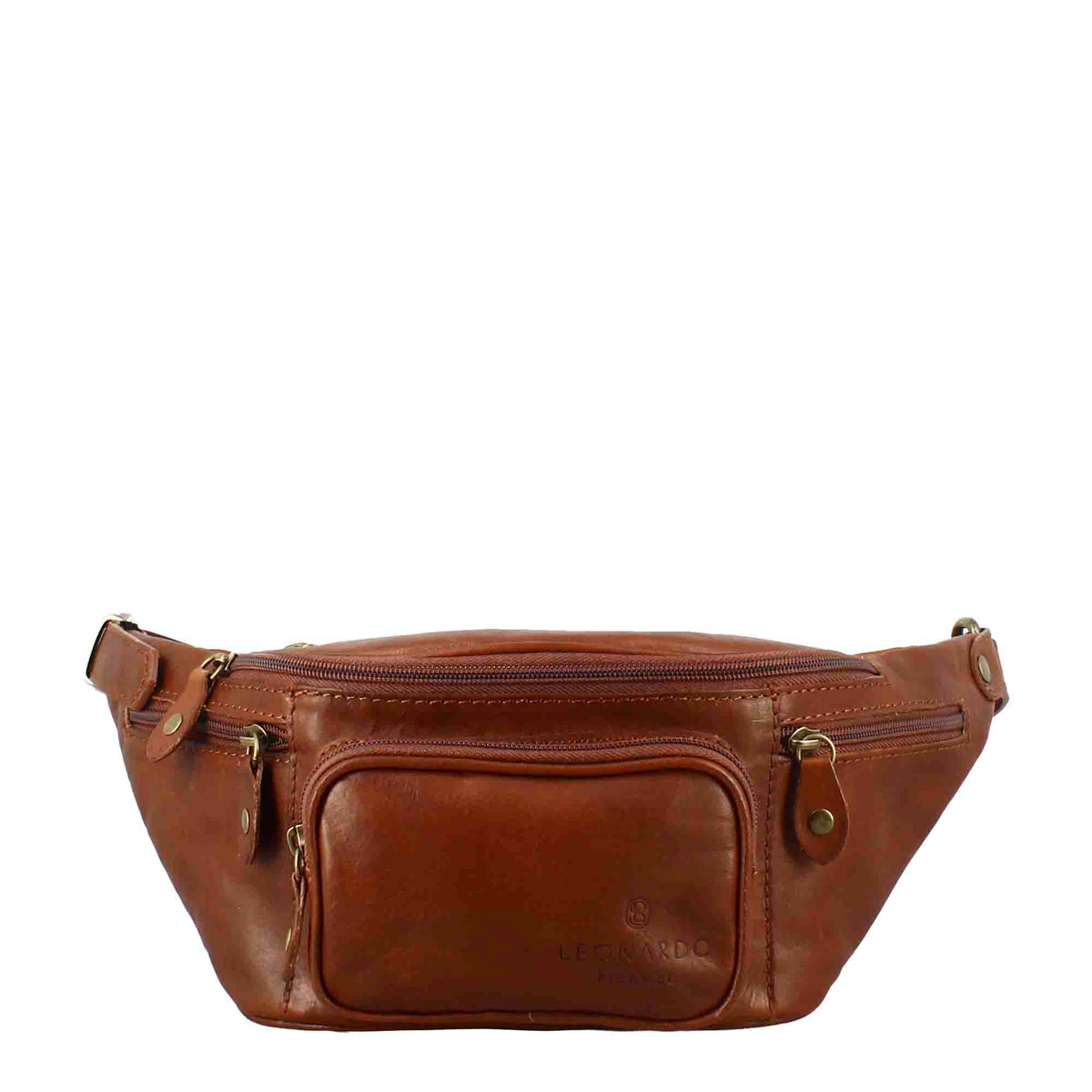 Classic men's bum bag in brown multi-pocket leather