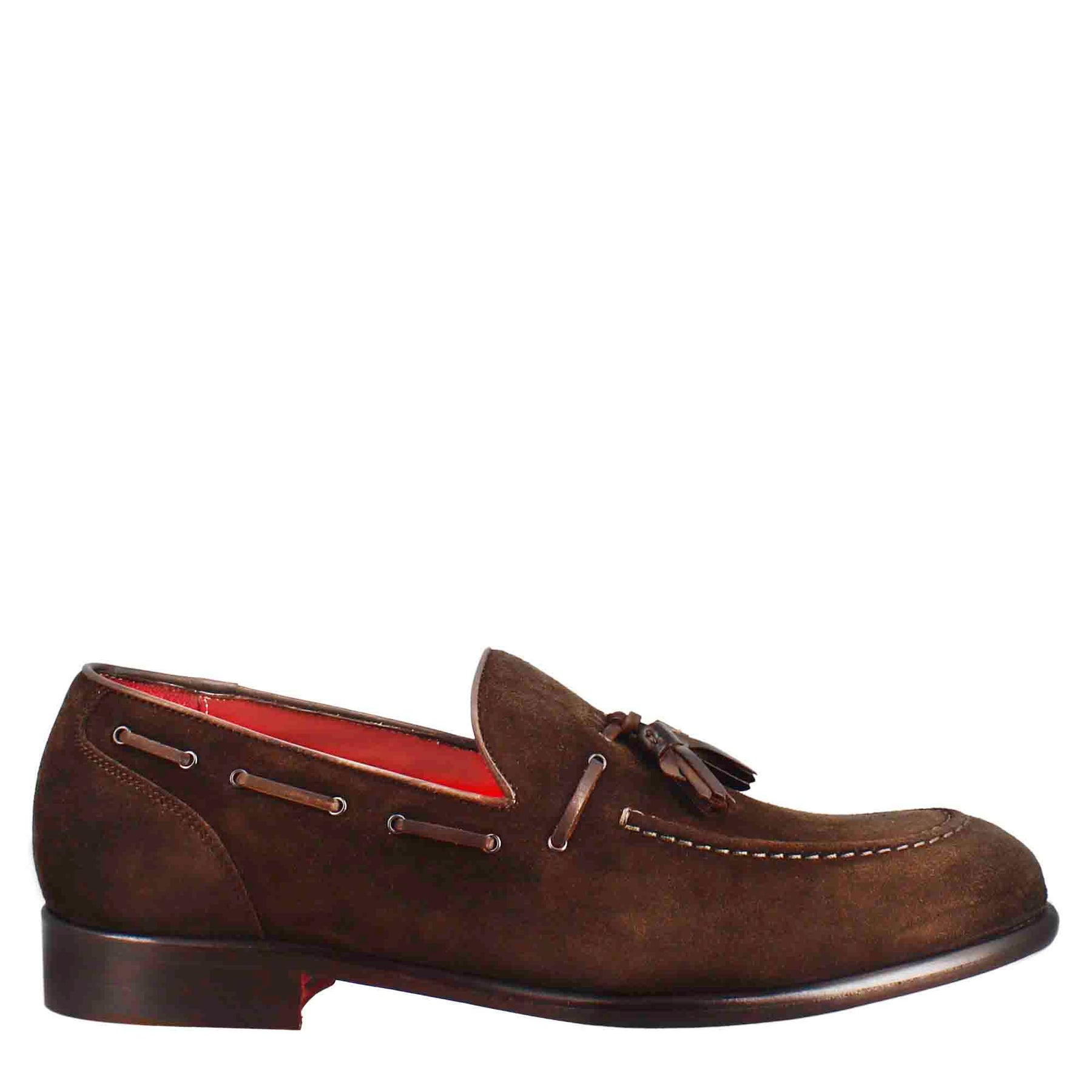 Men's moccasin with tassels in dark brown suede