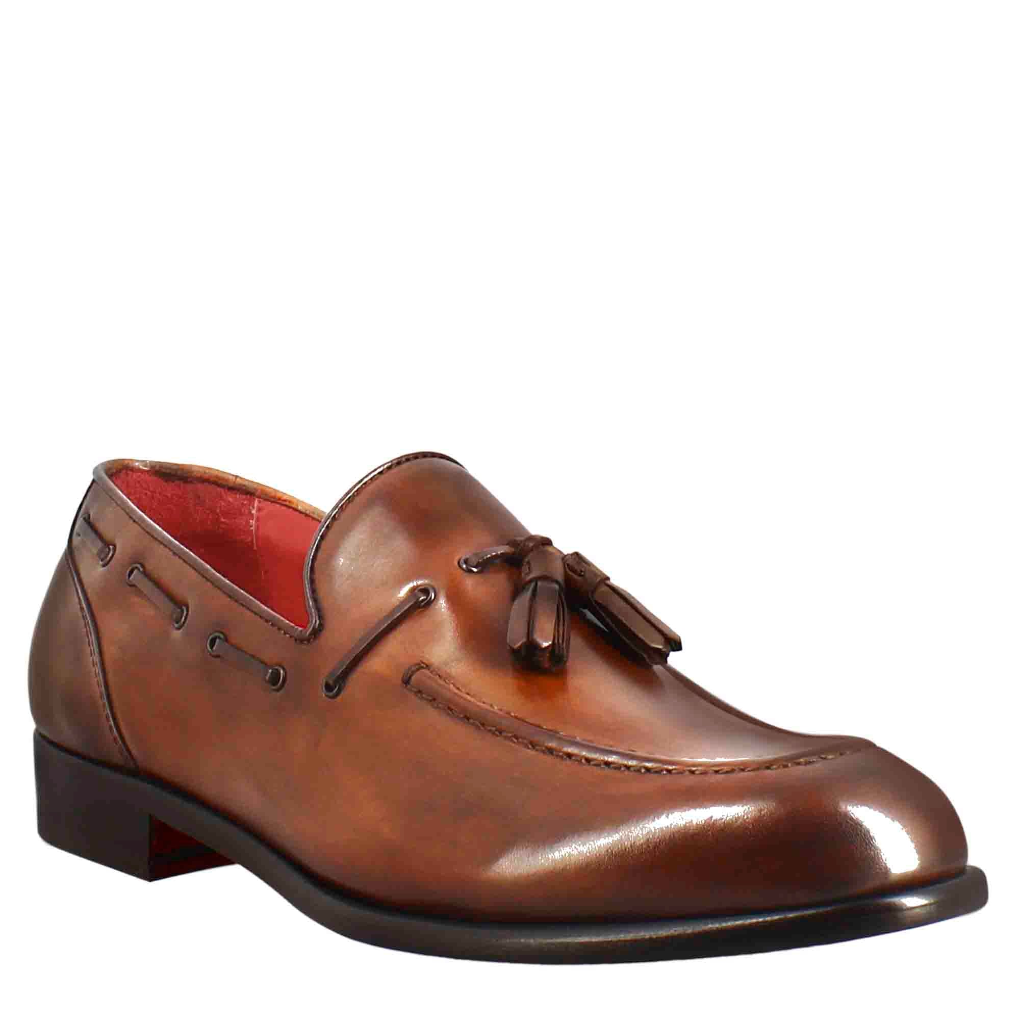 Mocassin pour homme à pompons en cuir marron clair