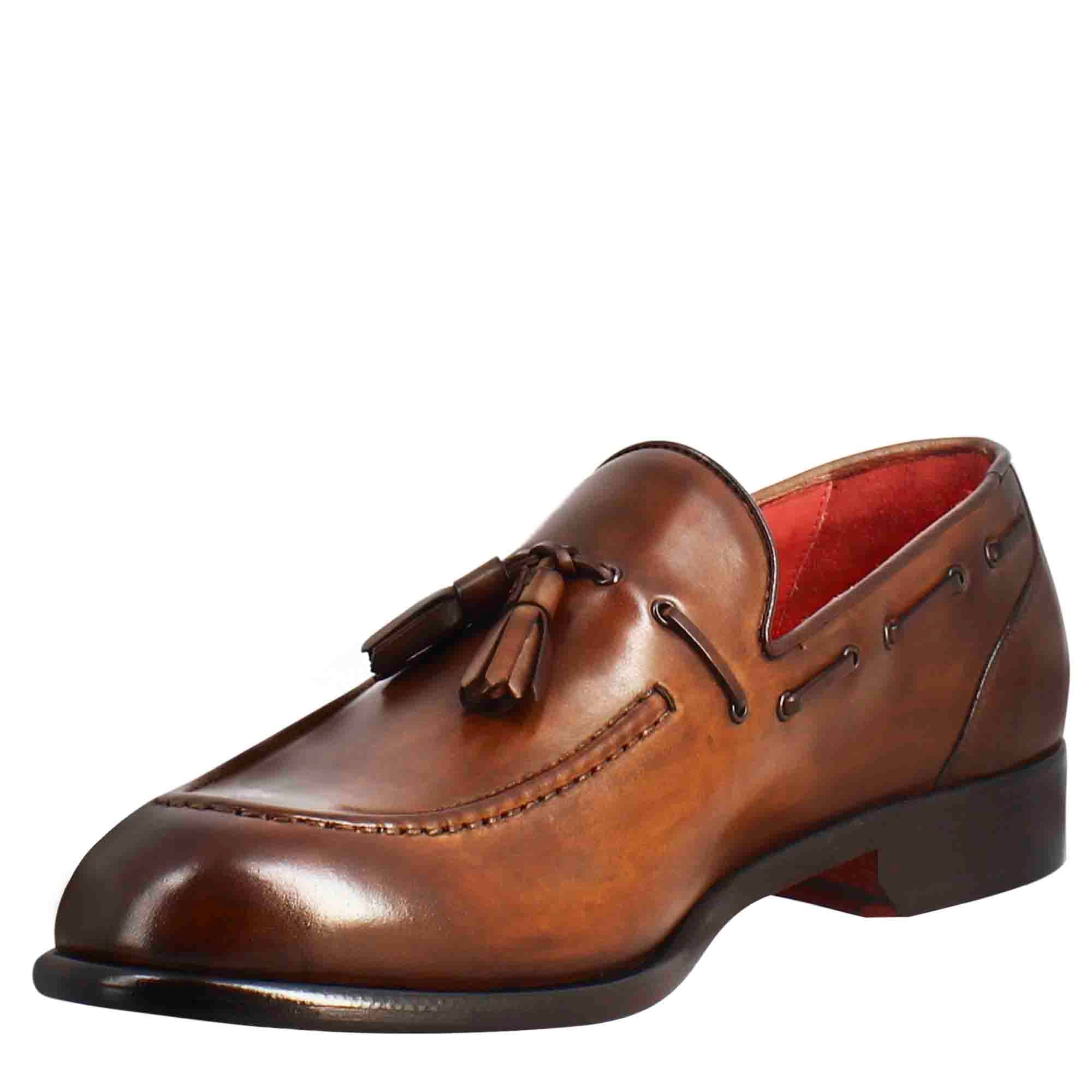 Mocassin pour homme à pompons en cuir marron clair