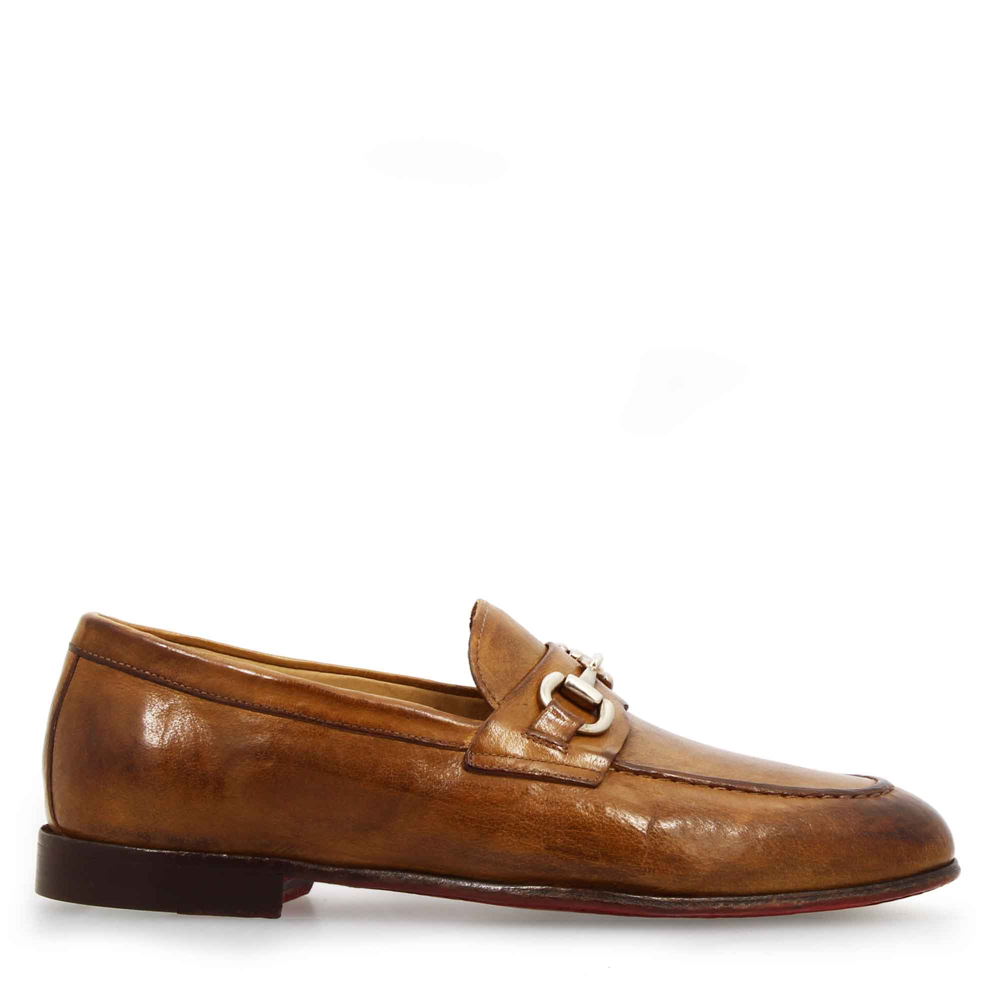 Mocassins marron faits main pour homme avec boucle en cuir fin