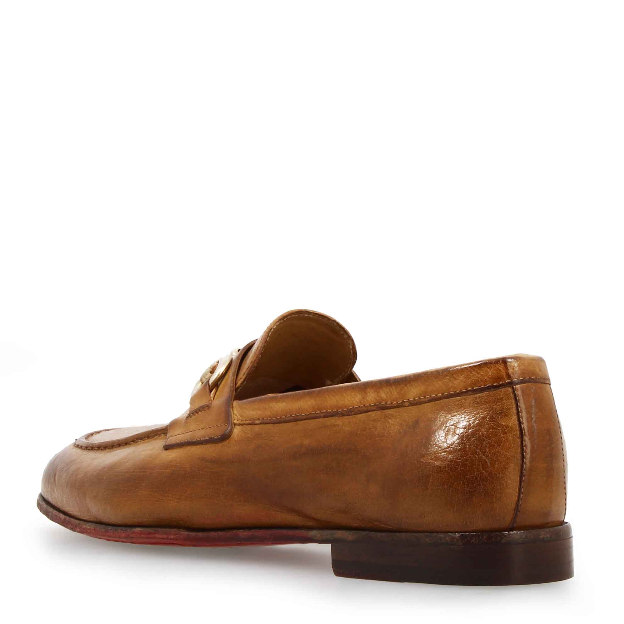 Mocassins marron faits main pour homme avec boucle en cuir fin