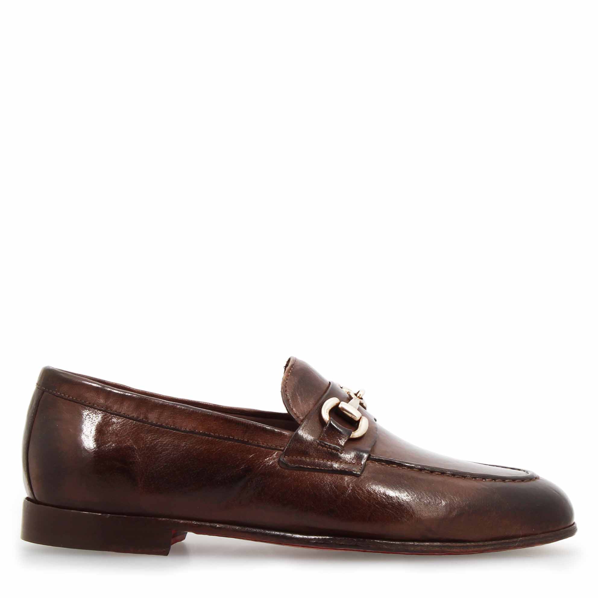 Mocassins marron foncé pour homme faits à la main avec boucle en cuir fin