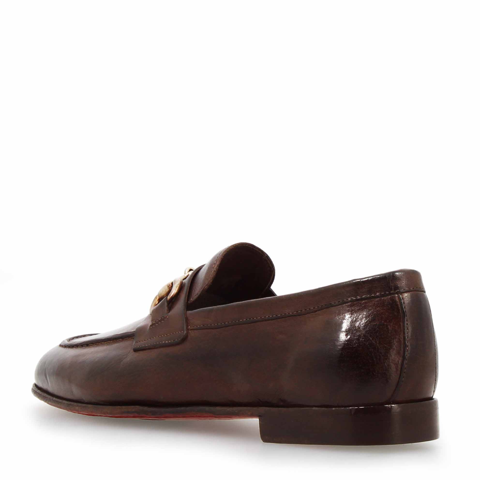 Mocassins marron foncé pour homme faits à la main avec boucle en cuir fin