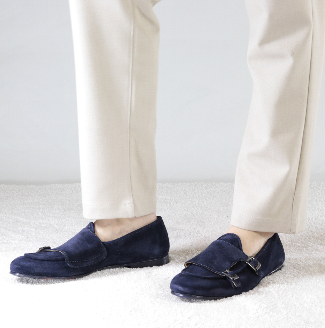 Mocassin pour homme en daim bleu avec double boucle