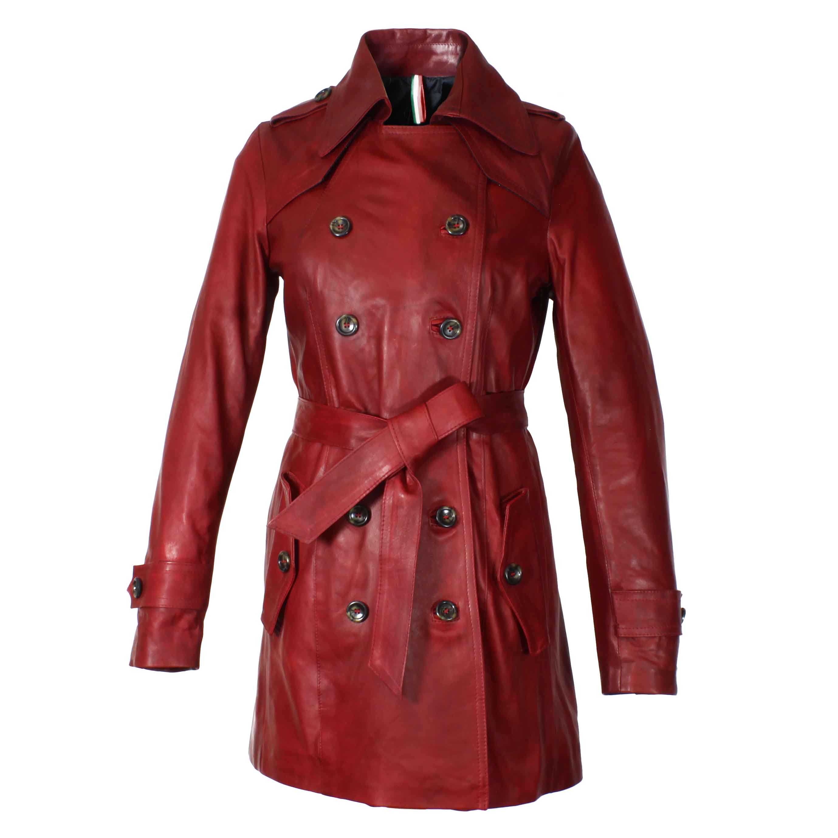 Women's trench style jacket in high quality brown leather