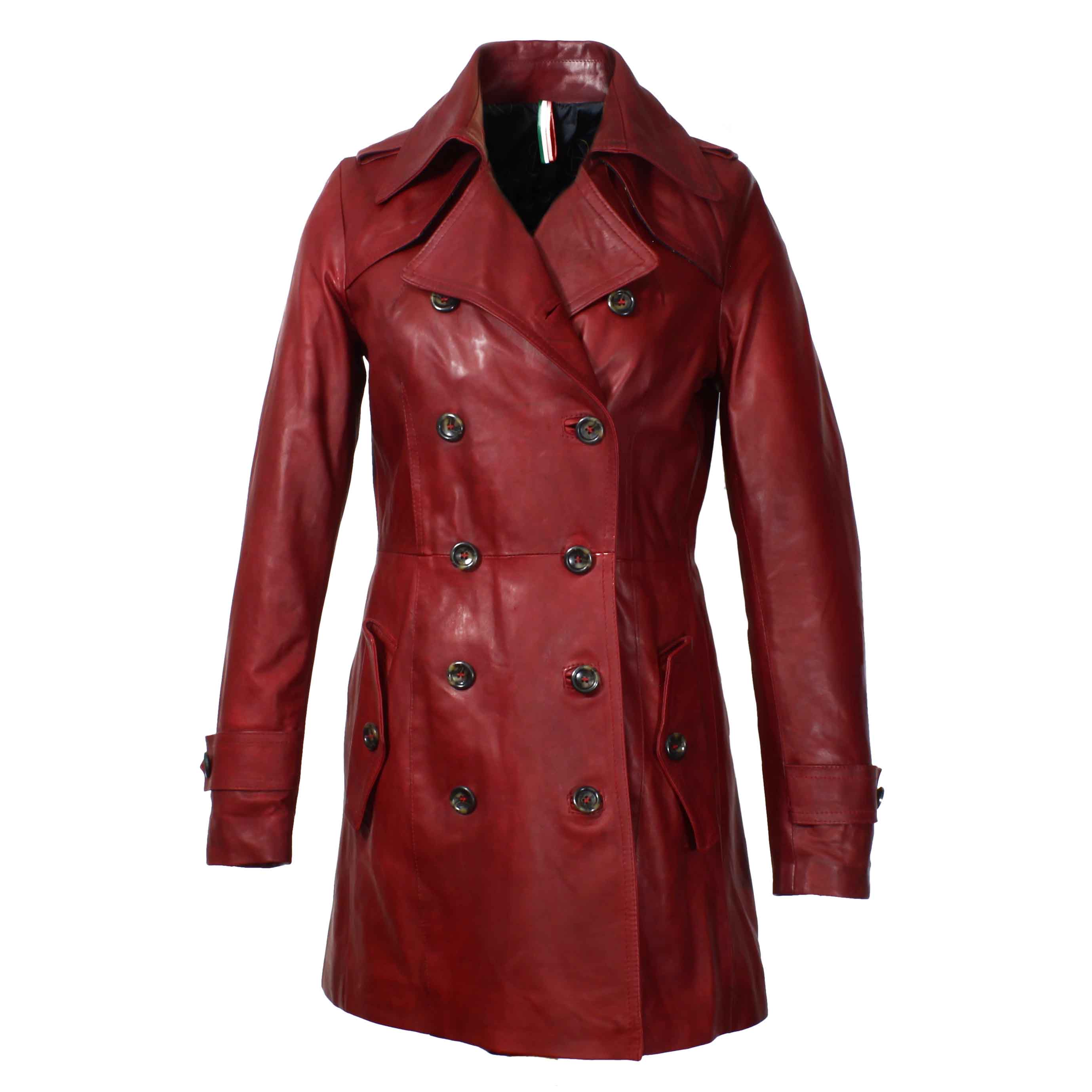 Women's trench style jacket in high quality brown leather