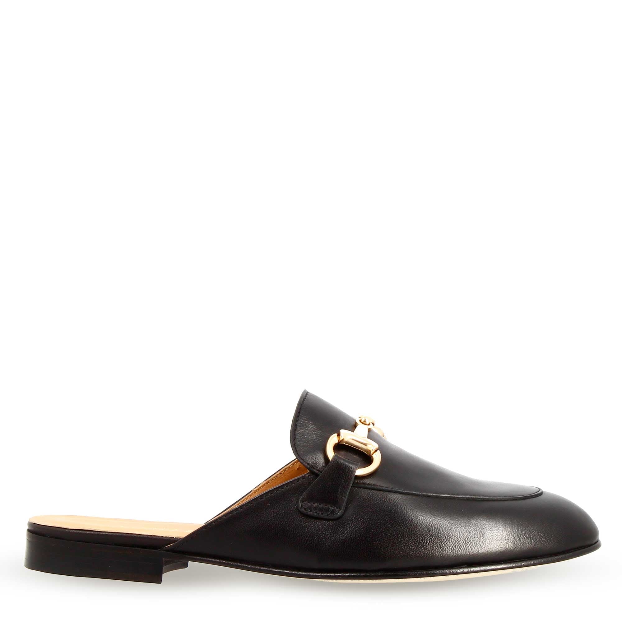 Scarpe mules con morsetto da donna artigianali in pelle color nero. - LeonardoShoes