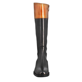 Smooth women's knee-high boot with low heel in brown and black leather
