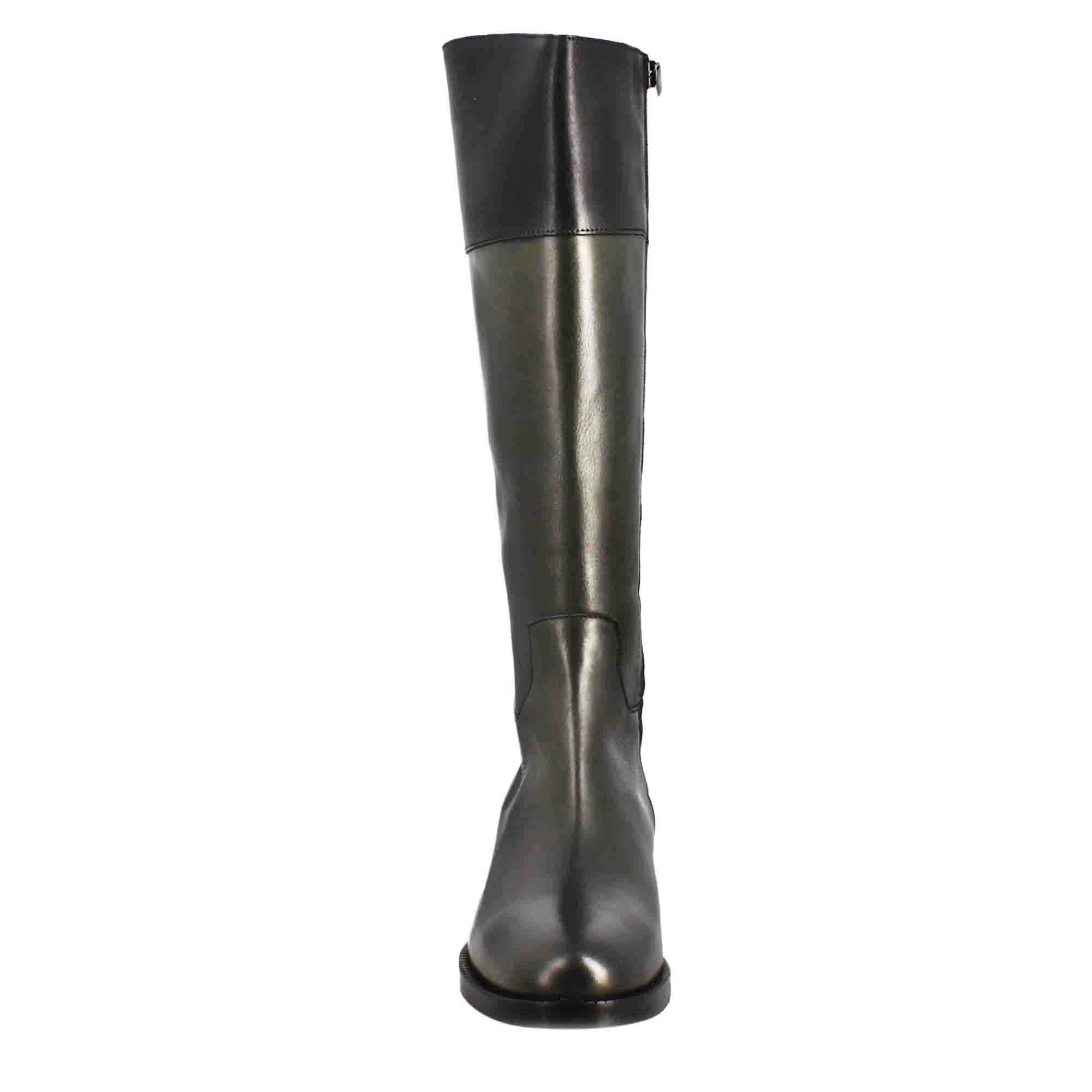 Glatter kniehoher Damenstiefel mit niedrigem Absatz aus grünem und schwarzem Leder