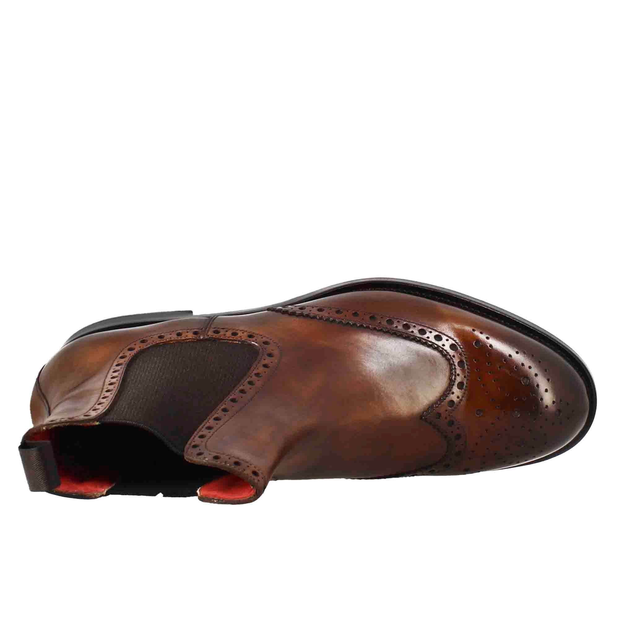 Stivaletto chelsea con dettagli brogue uomo in pelle colore marrone con elastico