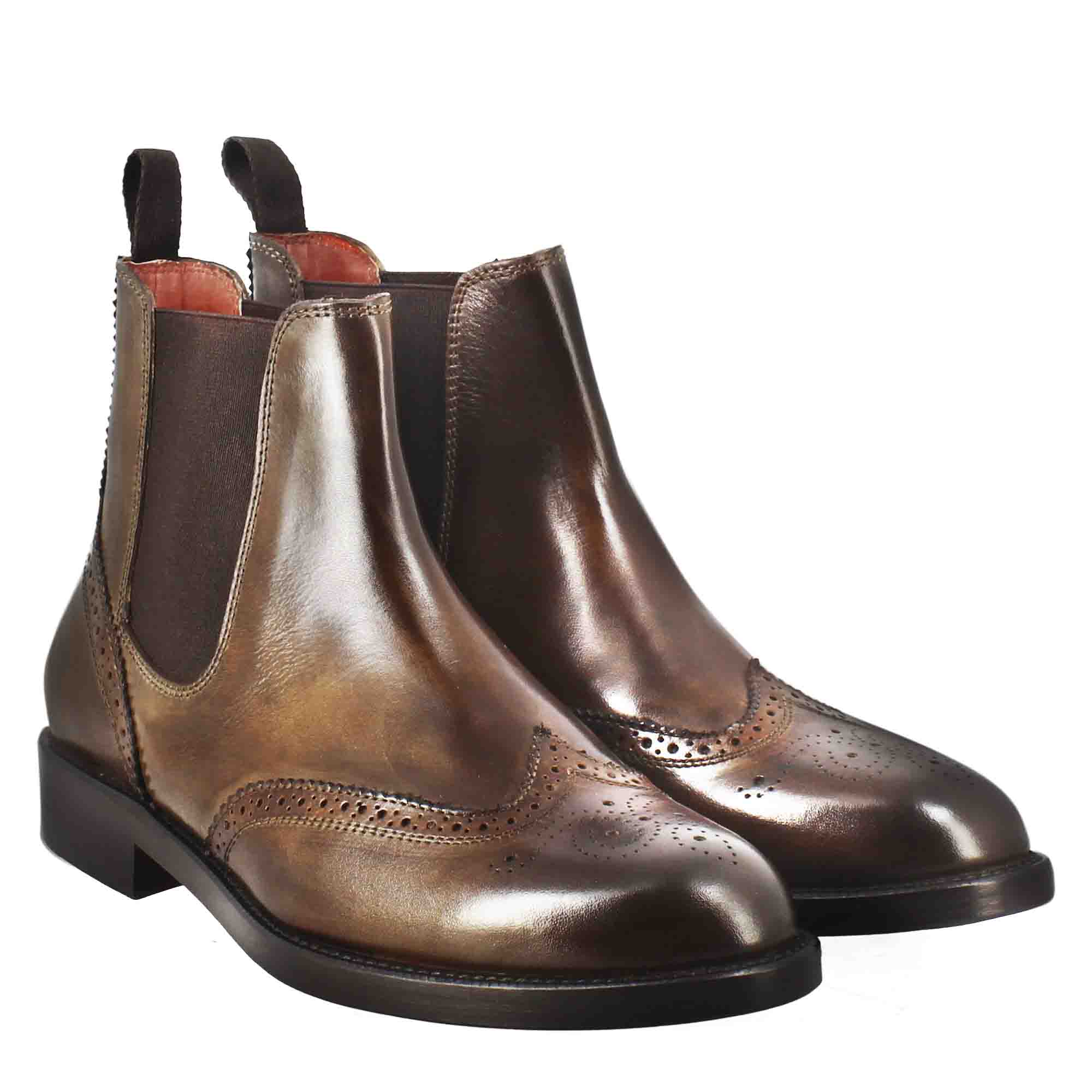 Bottine Chelsea pour femme avec détails richelieu en cuir marron foncé