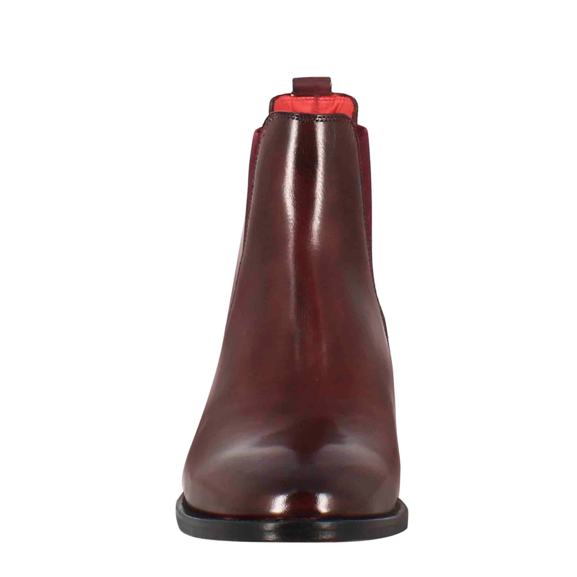 Botte chelsea lisse à talon moyen pour femme en cuir de couleur bordeaux