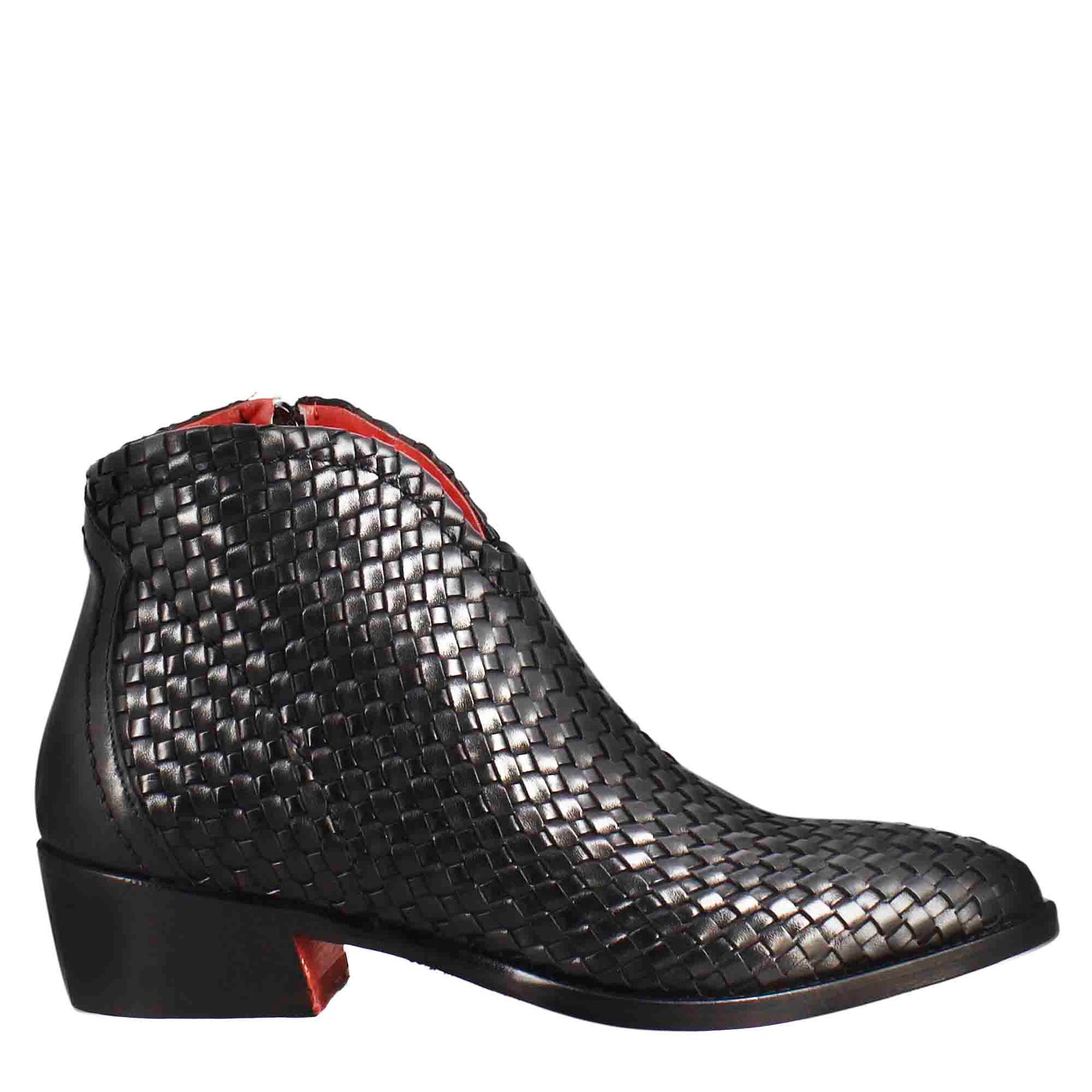 Women's ankle boot with medium heel in black woven leather